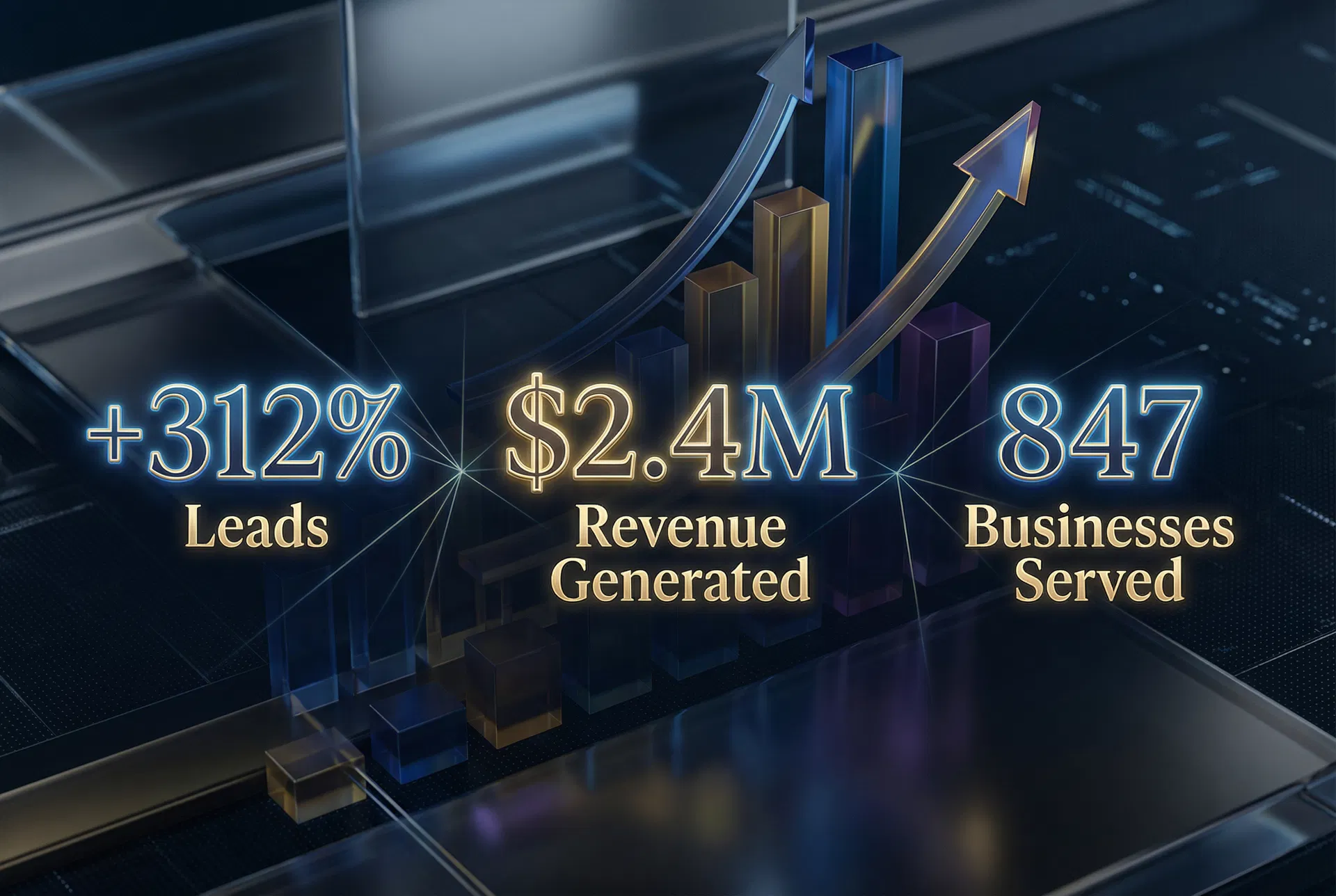 Results proof showing +312% leads, $2.4M revenue generated, 847 businesses served