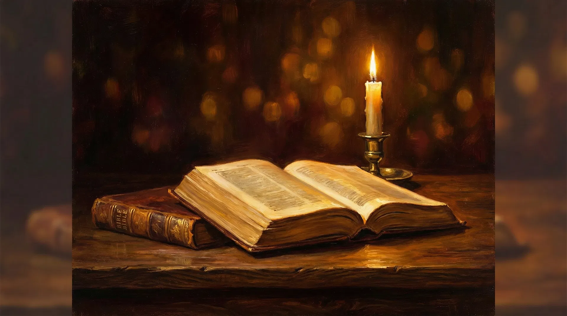 Antique Bible with burning candle