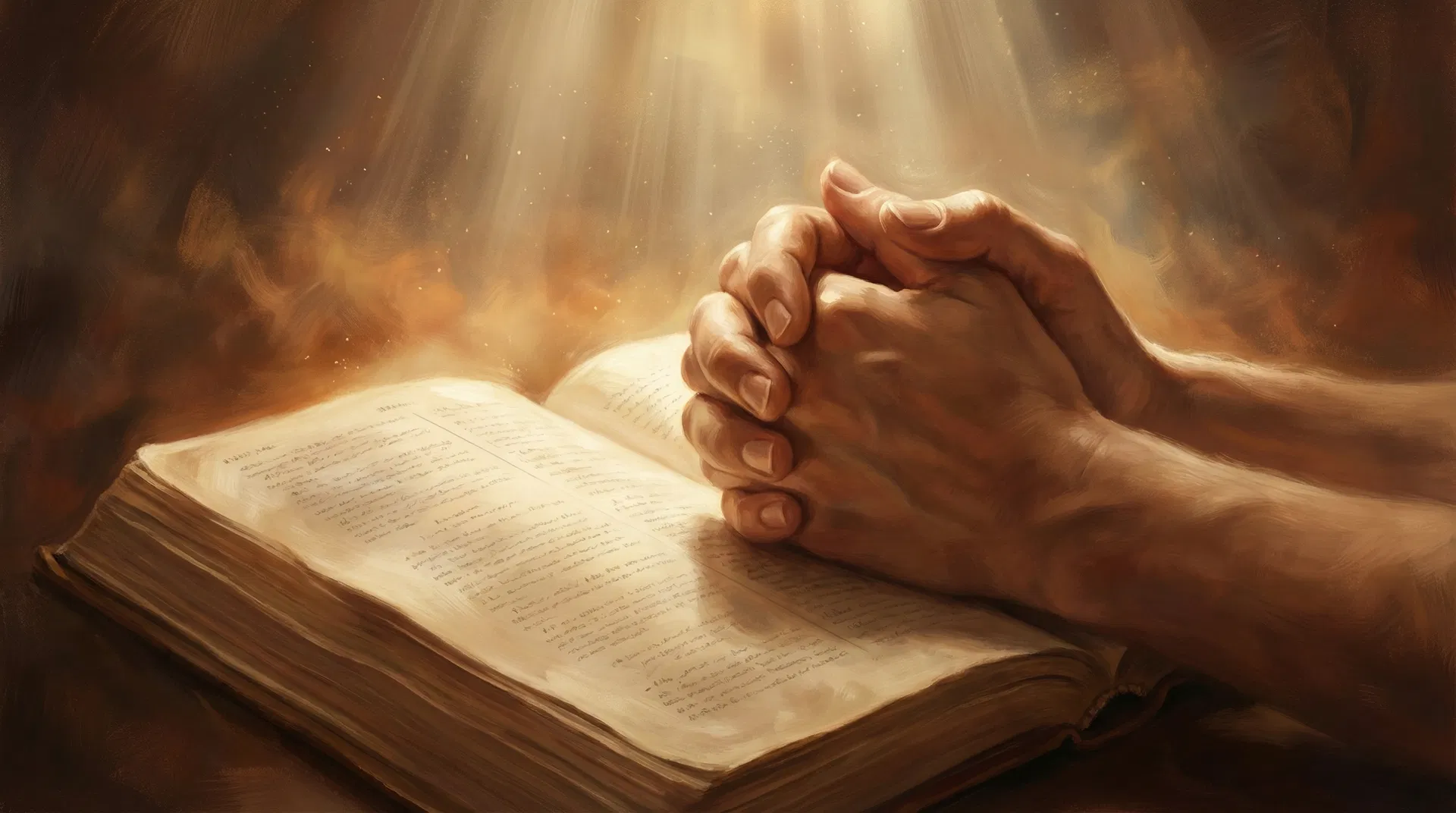 Hands in prayer over an open Bible