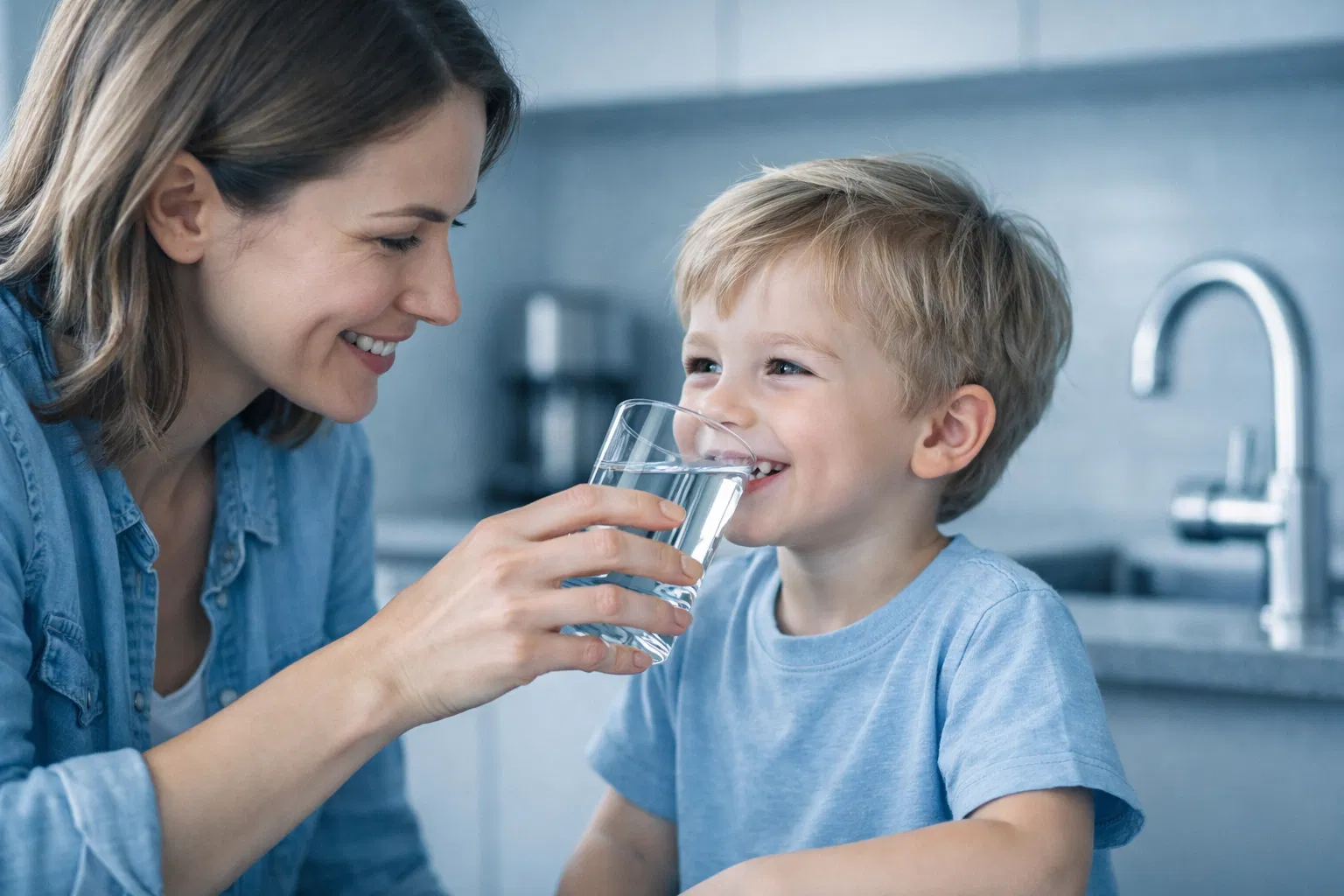 Mother feeding child clean water from glass