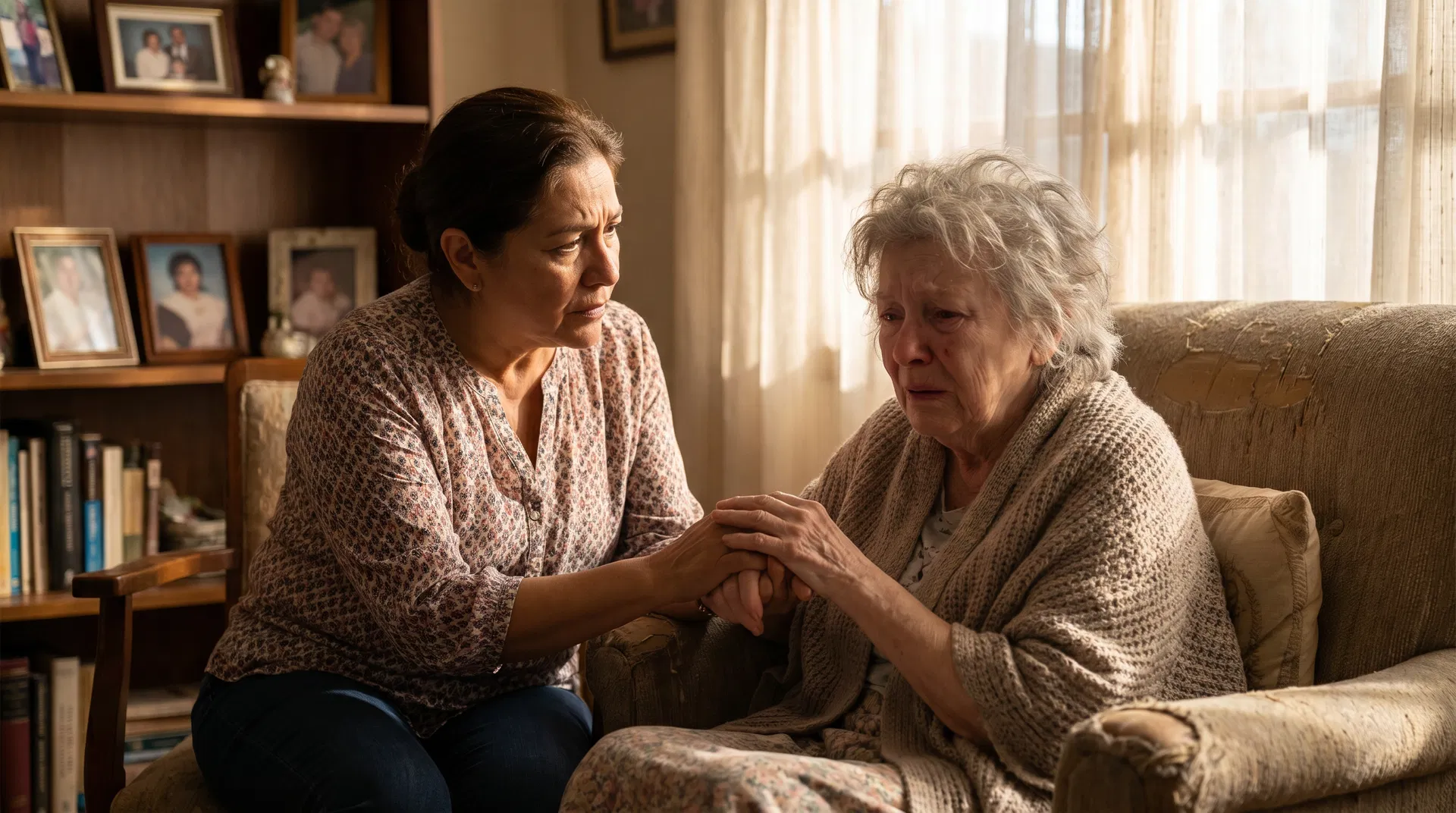 Caregiver supporting elderly woman with dementia