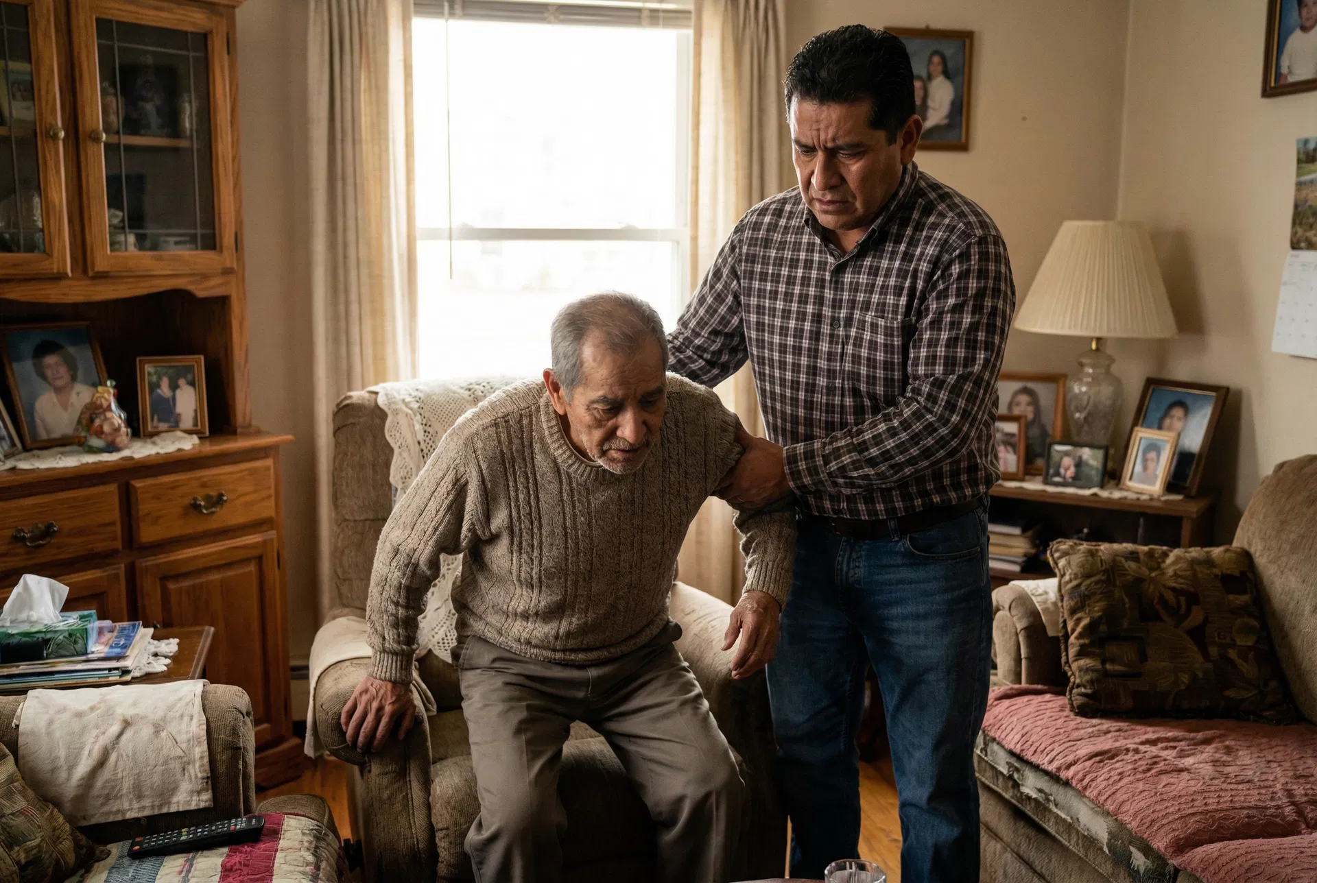 Adult son helping elderly father stand up at home