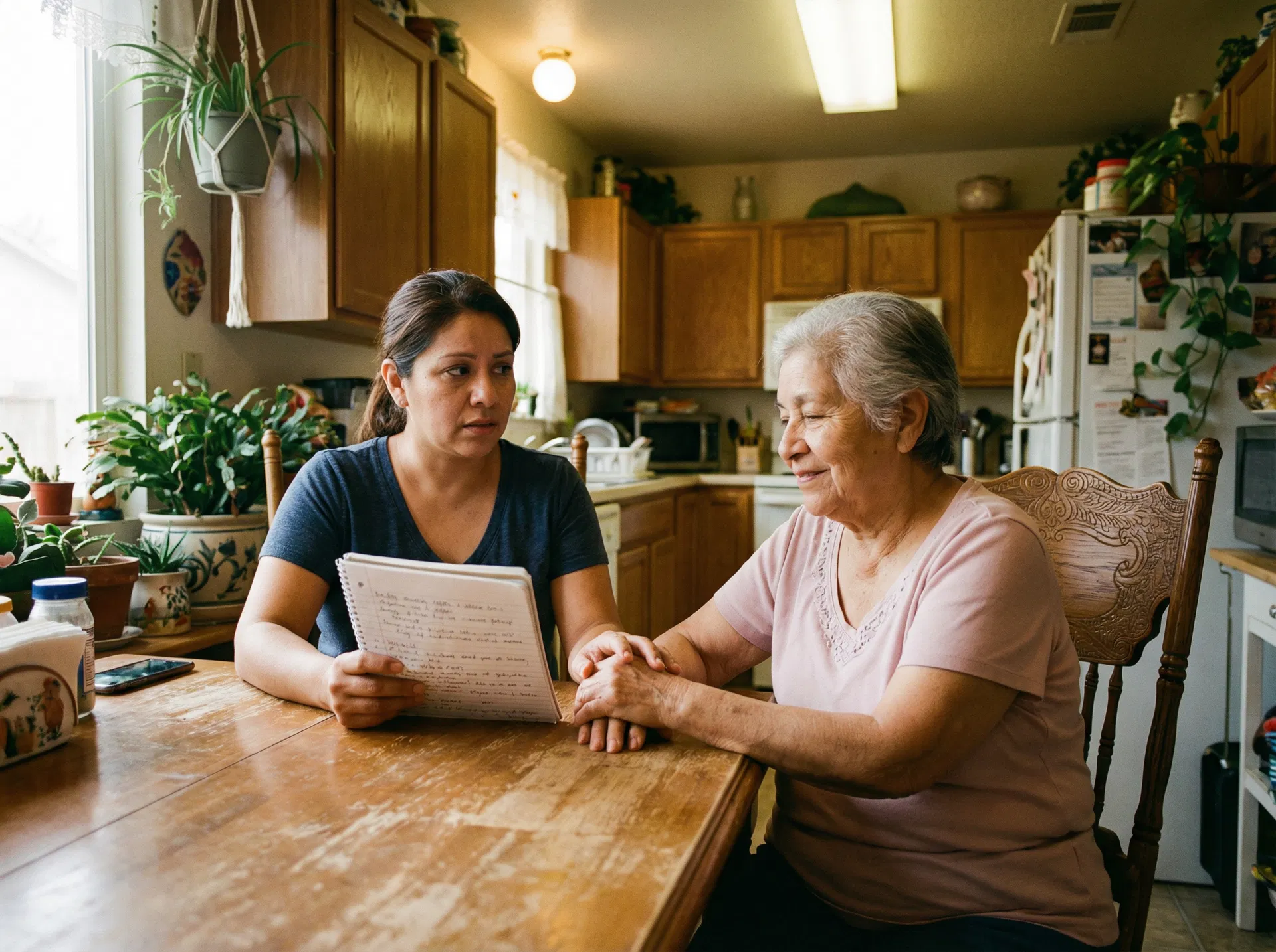 Adult daughter having a concerned conversation with her elderly mother