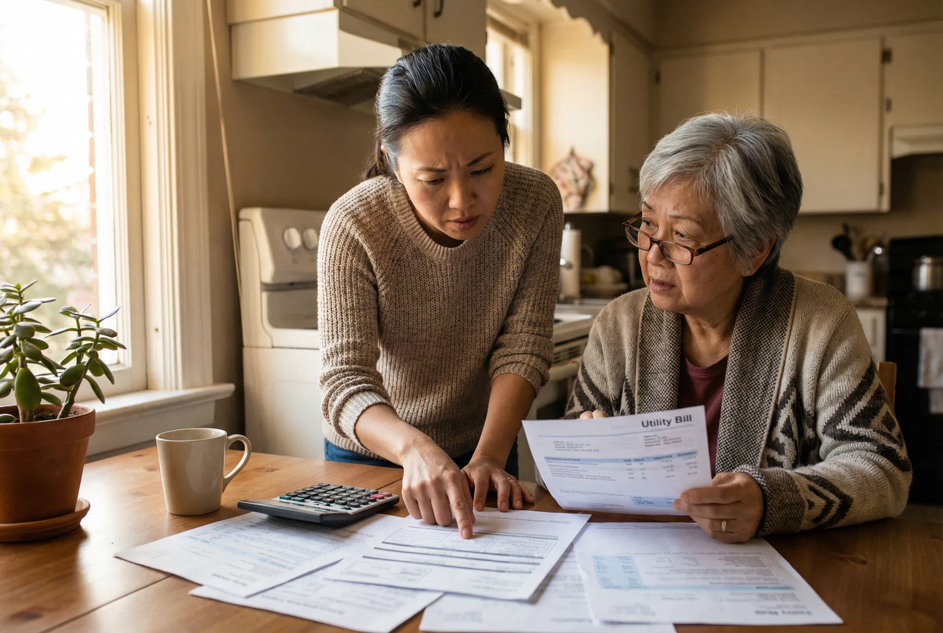 Asian daughter and elderly mother reviewing financial documents