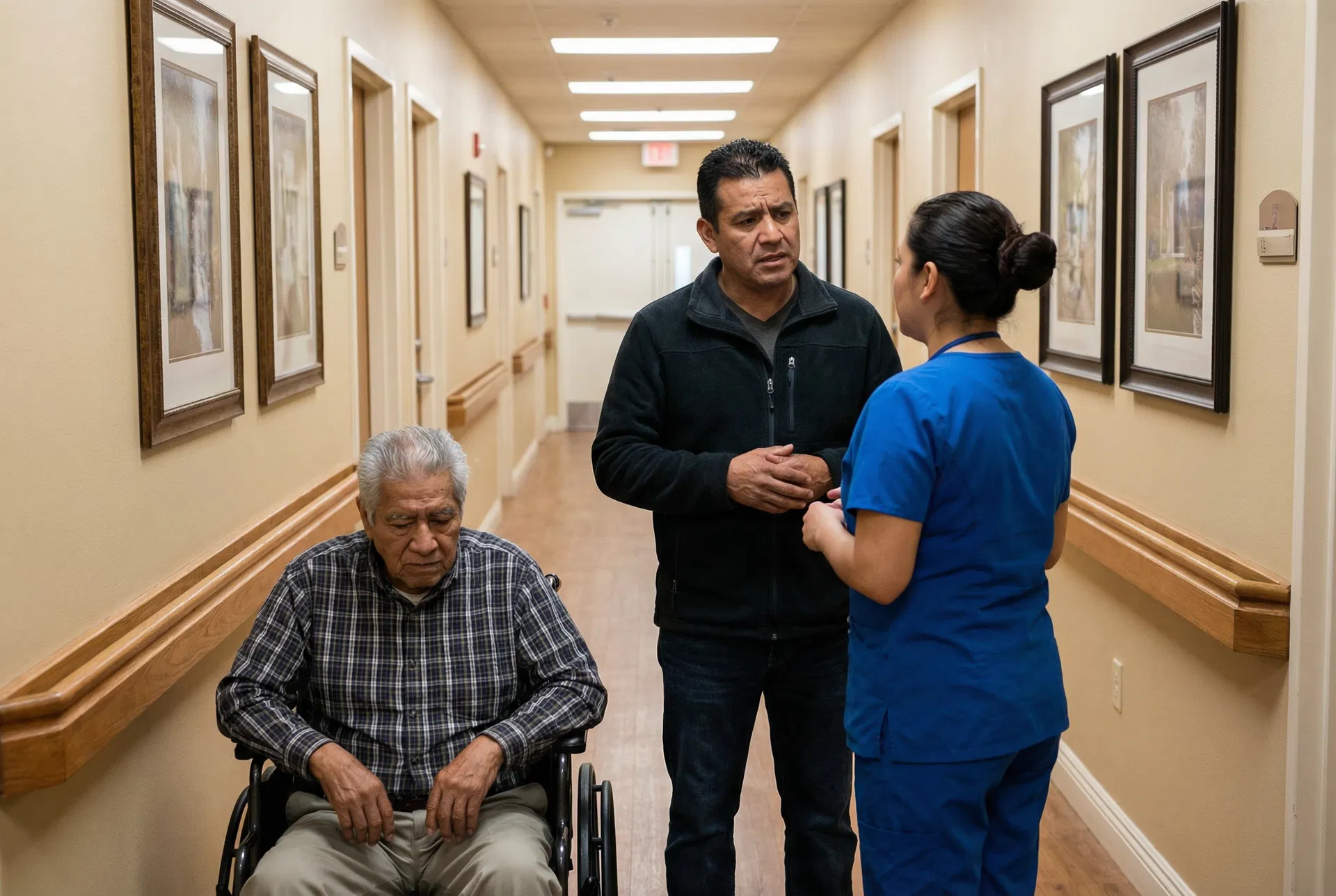 Family speaking with assisted living staff in hallway