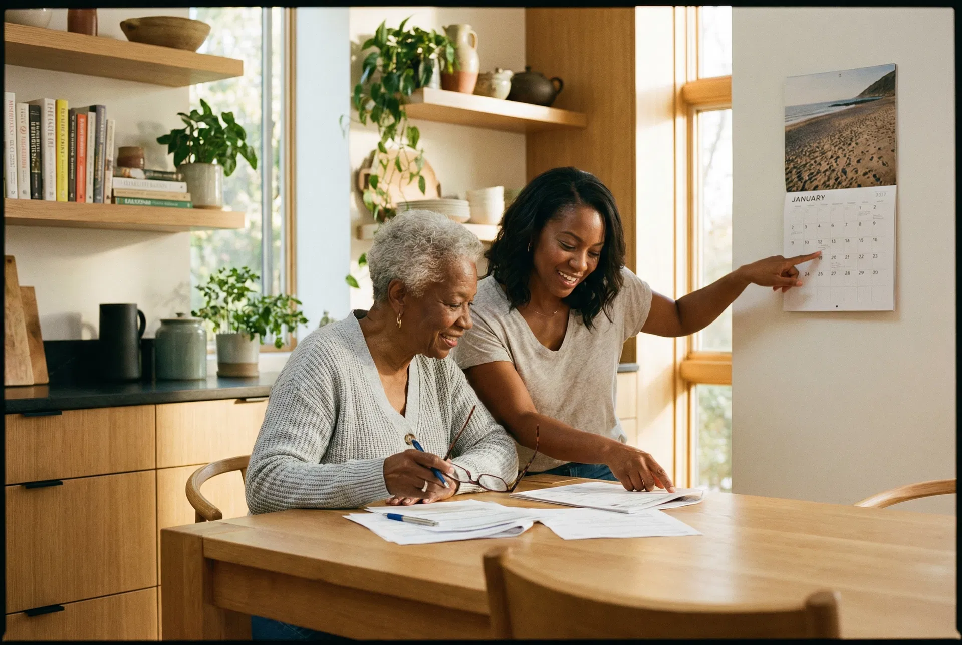 Family reviewing calendar and paperwork