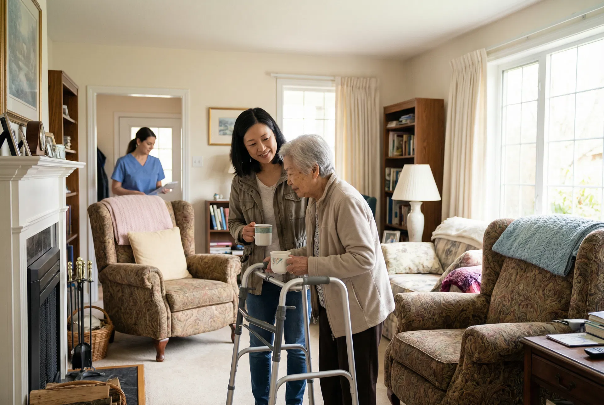 Asian daughter and elderly mother in a cozy board and care home