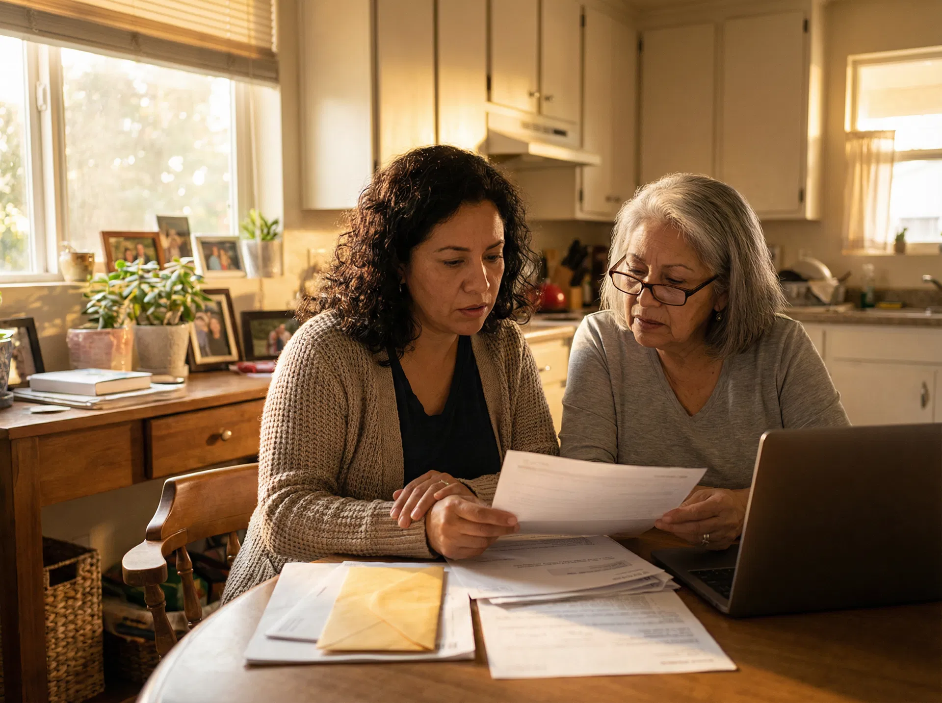 Latino daughter and elderly mother reviewing financial documents together