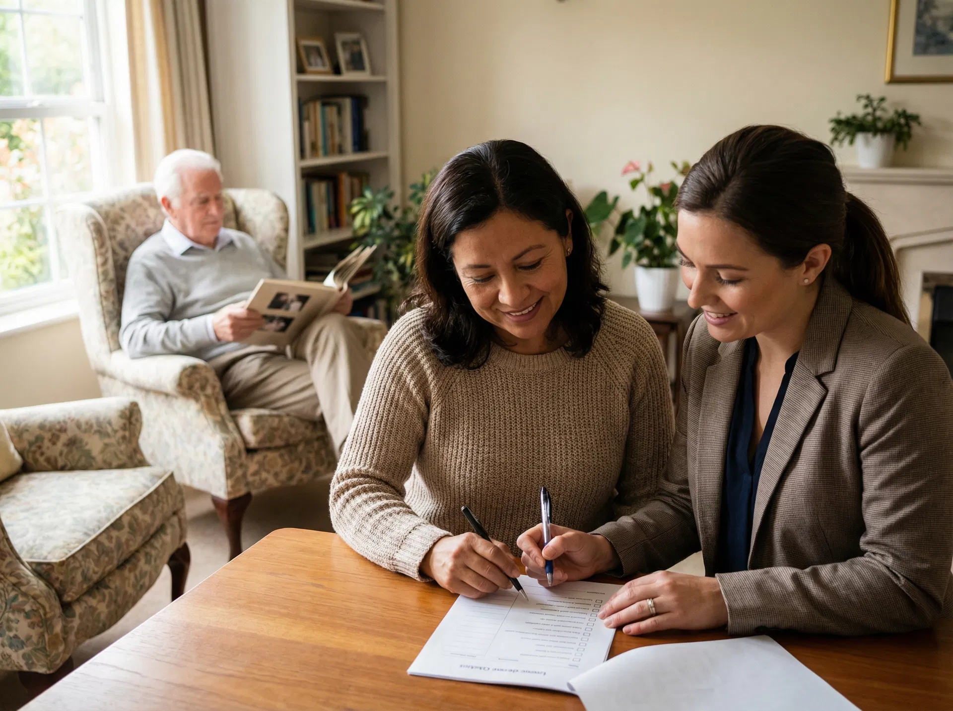Family member reviewing care options with a professional advisor