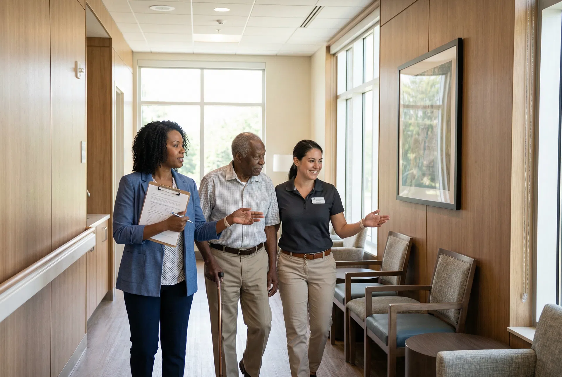 Family touring an assisted living facility with a checklist
