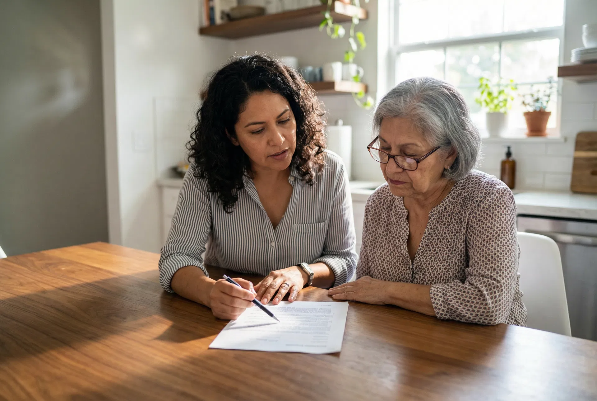 Latino daughter and elderly mother reviewing assisted living checklist together