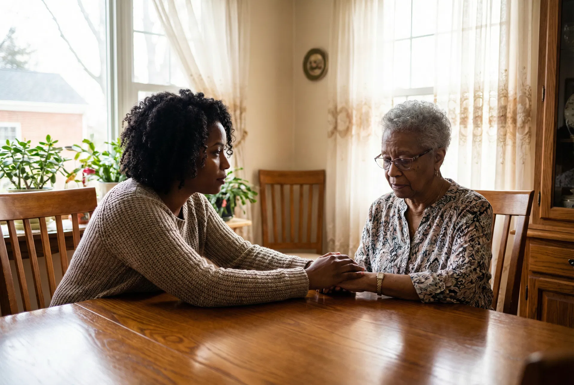 Black daughter having a serious caring conversation with her elderly mother