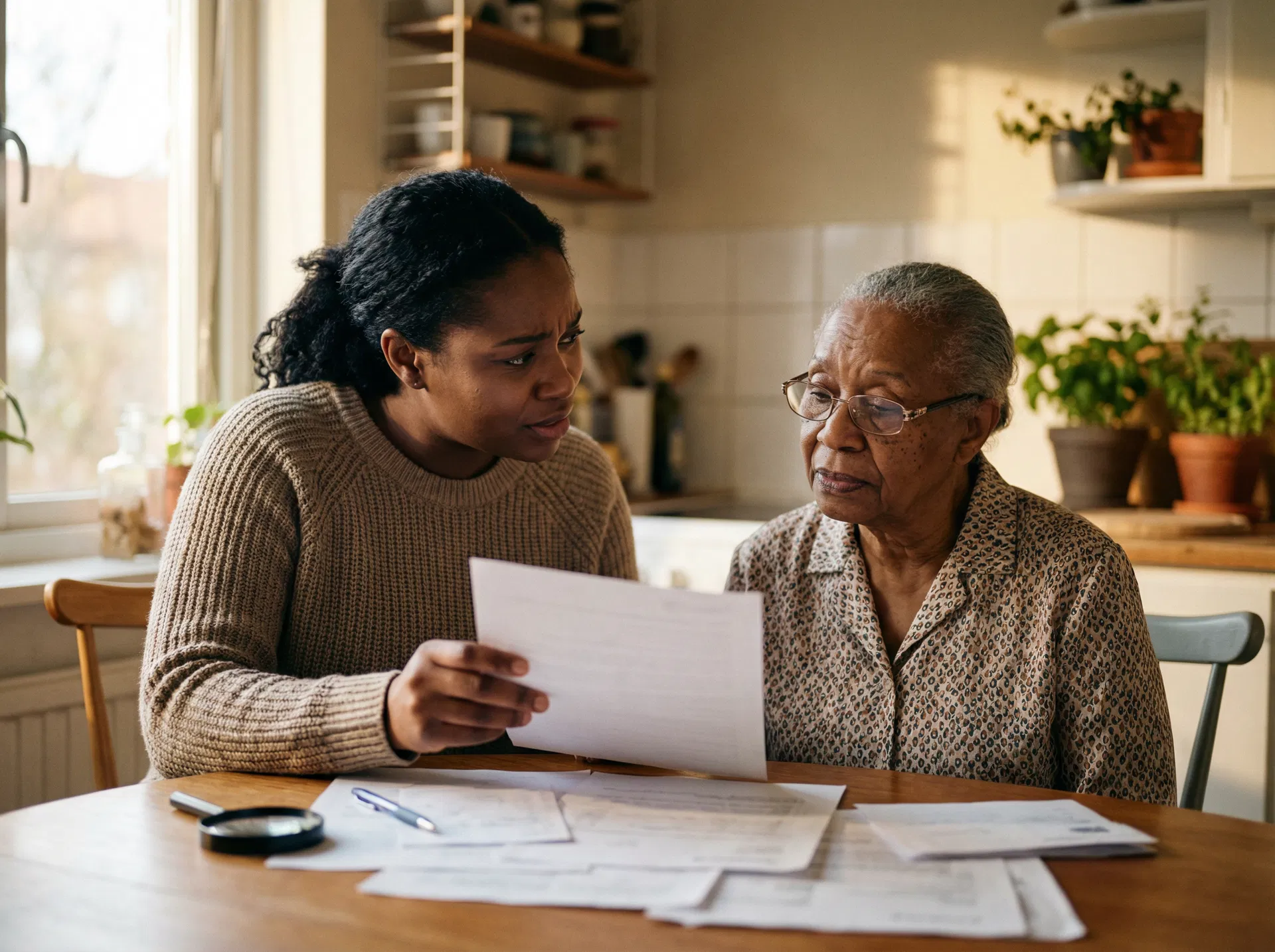 Family reviewing assisted living documents together
