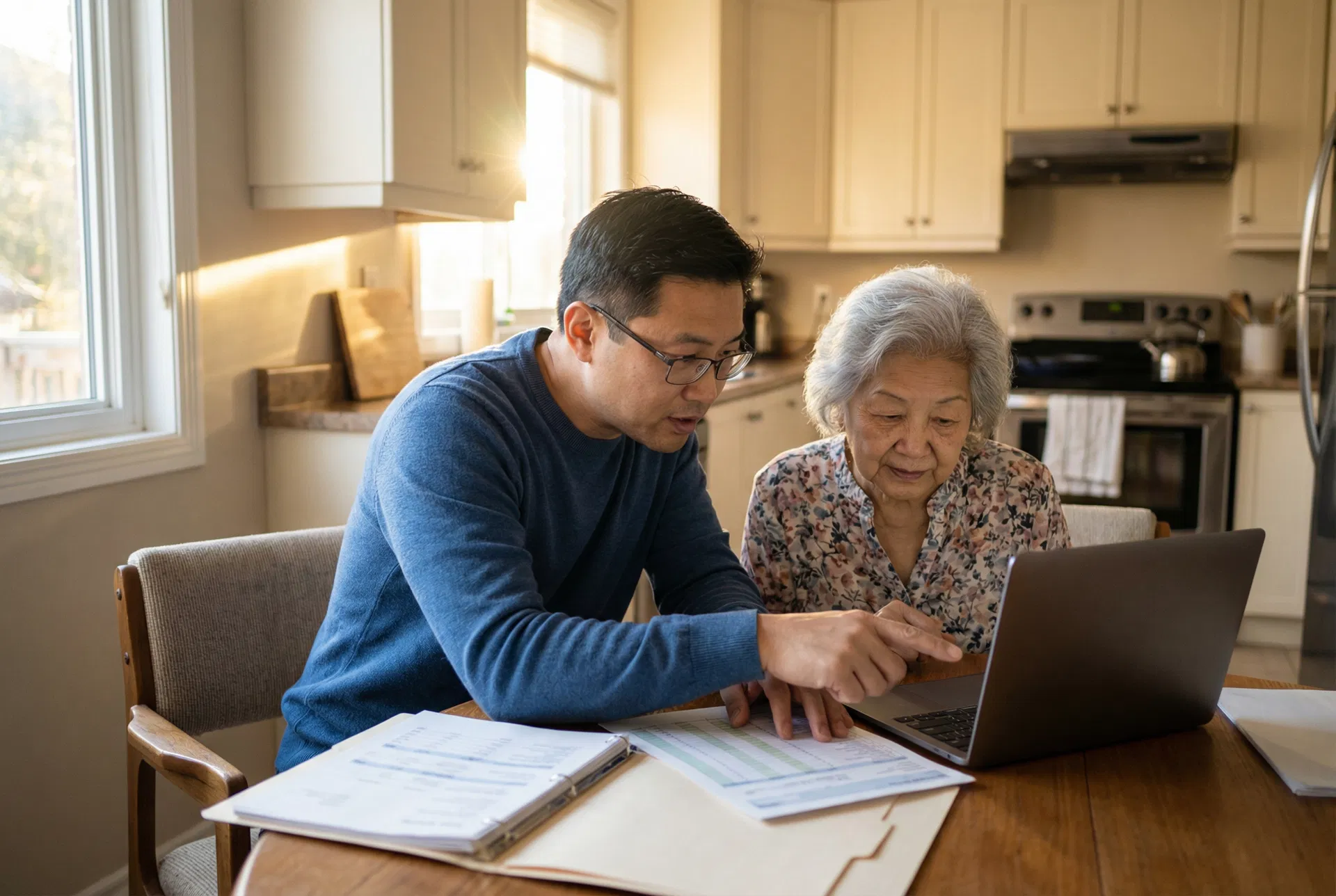 Adult son reviewing home care costs with elderly mother