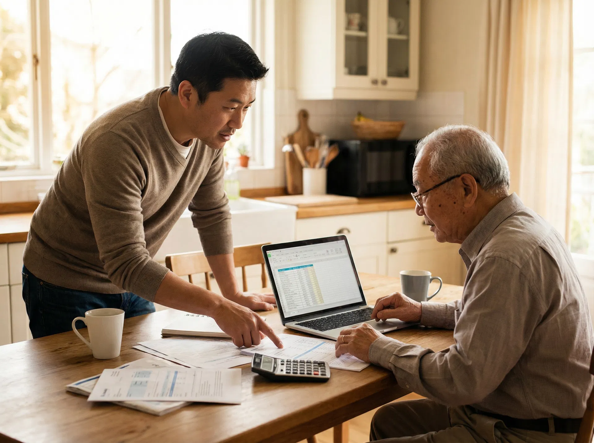 Adult son reviewing Medicaid documents with his elderly father at the kitchen table