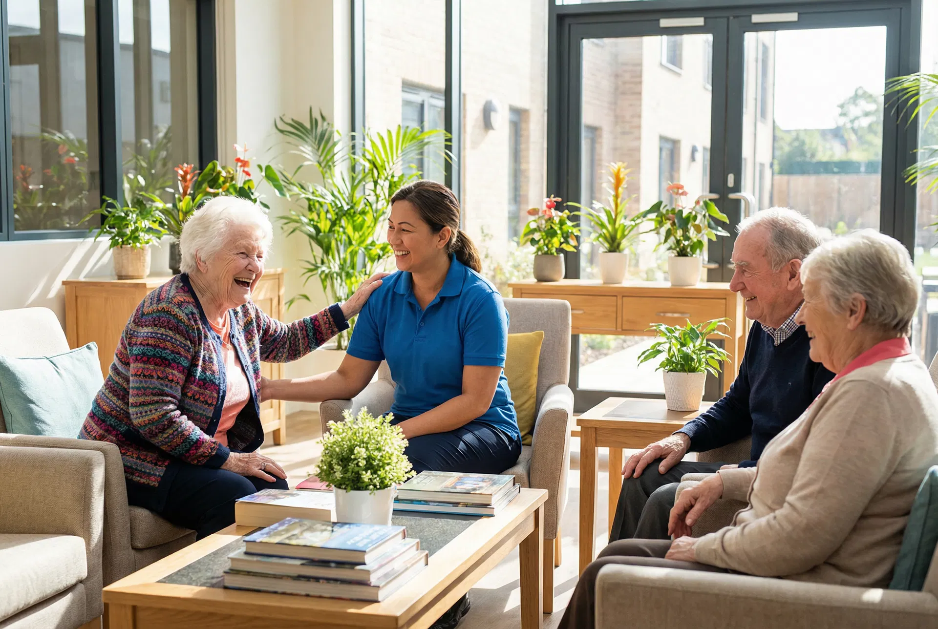 Elderly residents enjoying social time with caregiver in assisted living common room