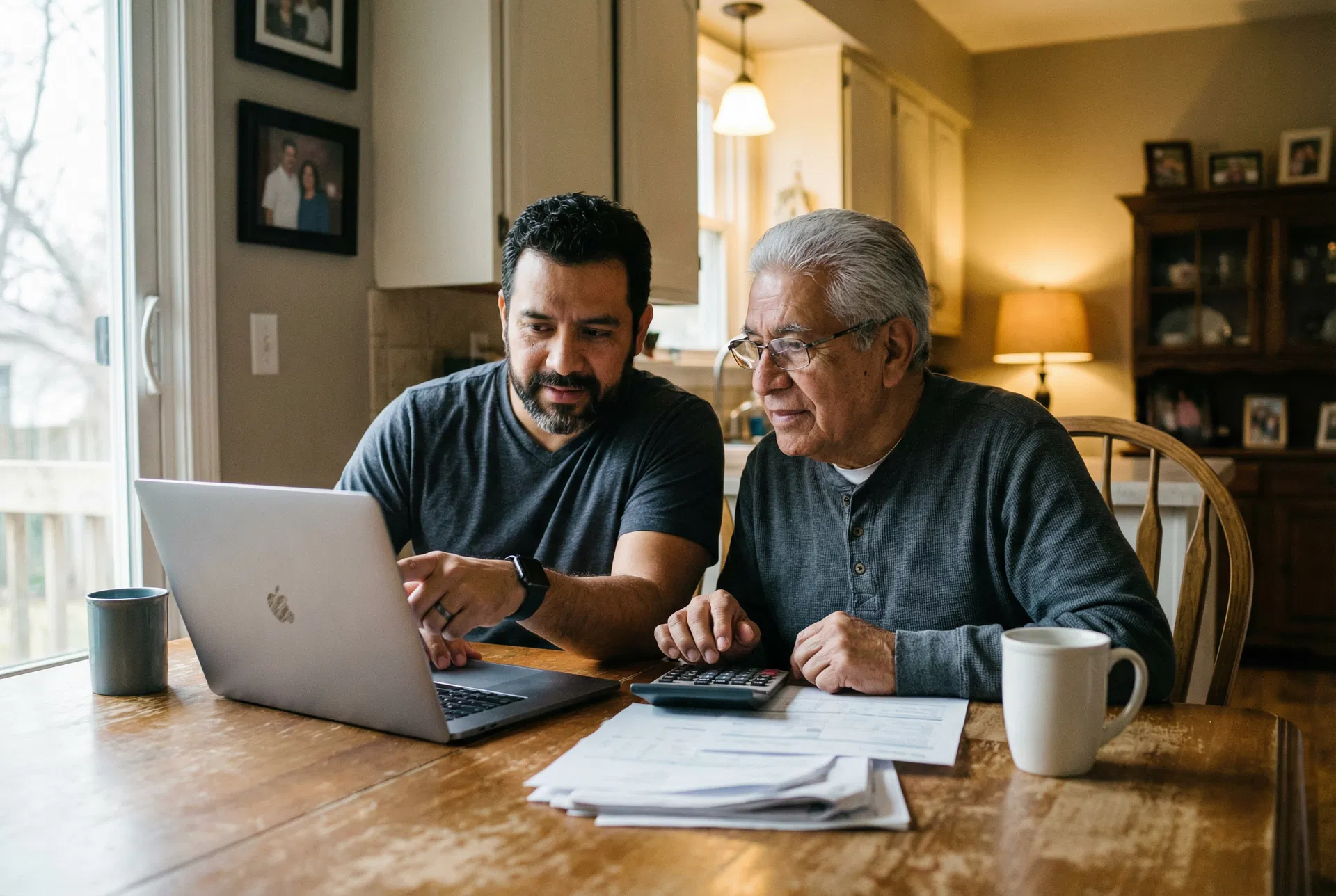Latino son and elderly father reviewing finances together