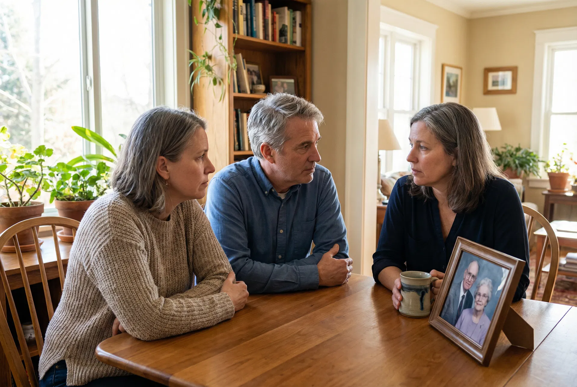 Three adult siblings having a serious conversation at a table