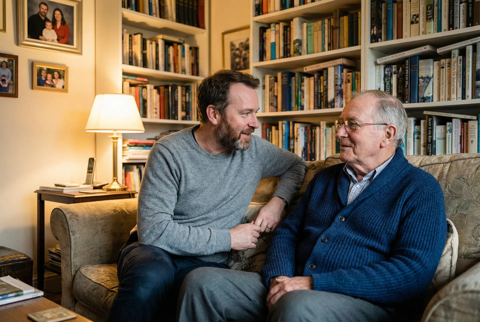 White adult son having a gentle conversation with his elderly father on a couch
