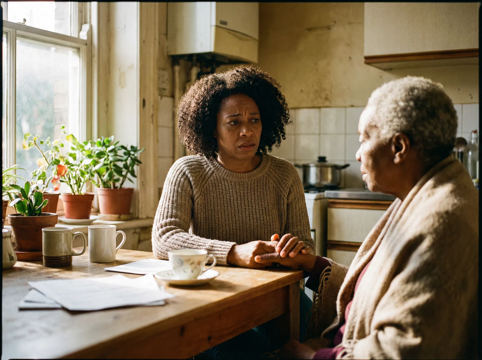 Adult daughter having a serious conversation with her elderly mother at the kitchen table