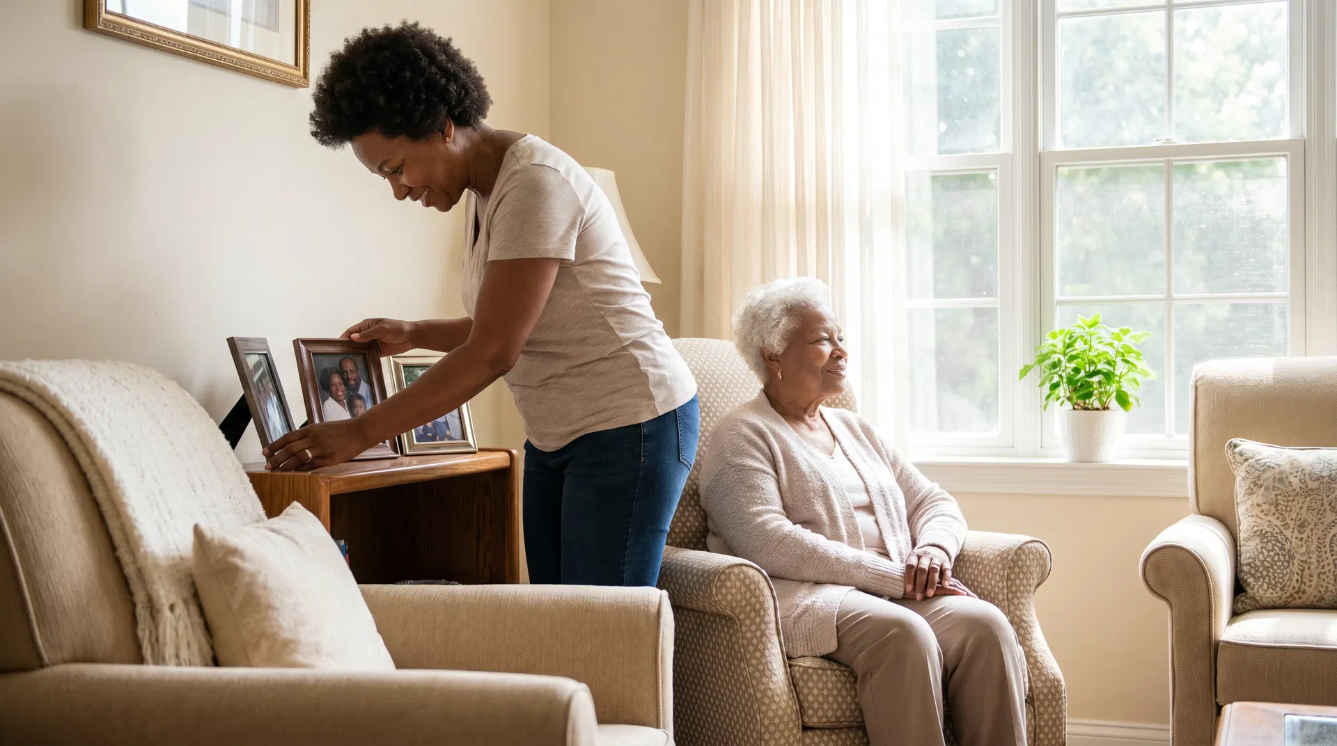 Daughter helping mother settle into assisted living room