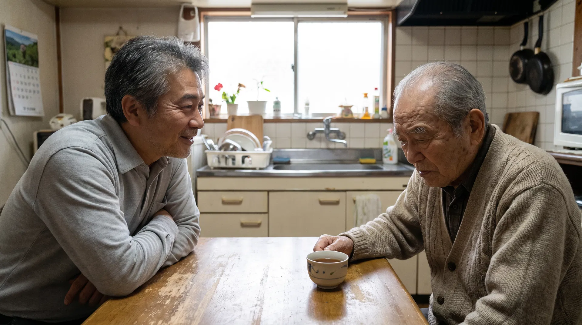 Adult son having a care conversation with elderly father at kitchen table