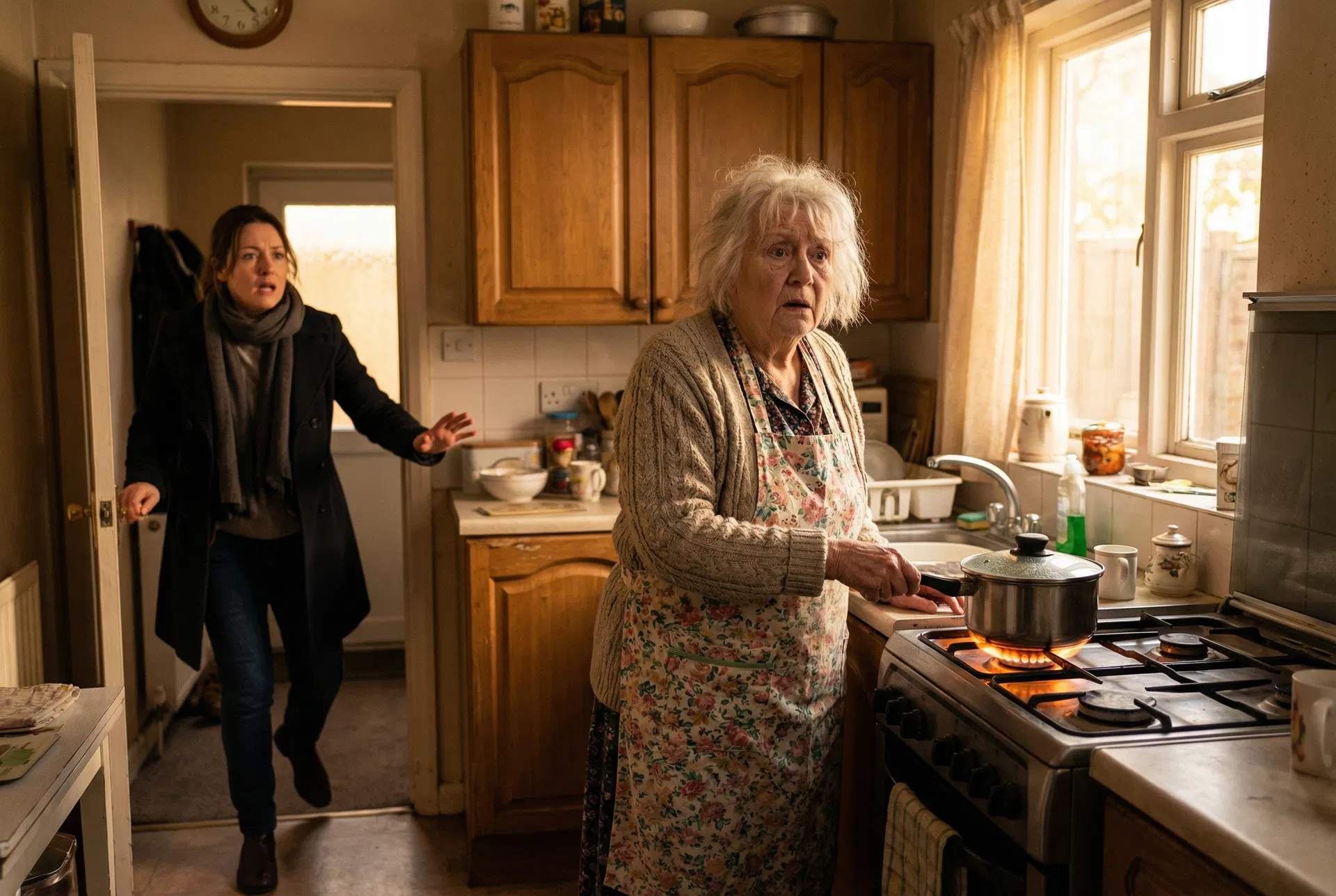 Elderly woman at stove with adult daughter rushing in alarmed