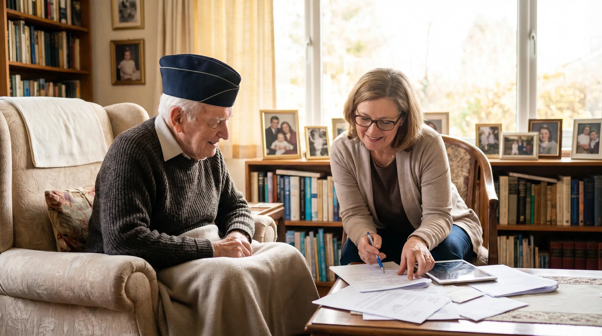 Veteran and daughter reviewing VA benefits paperwork