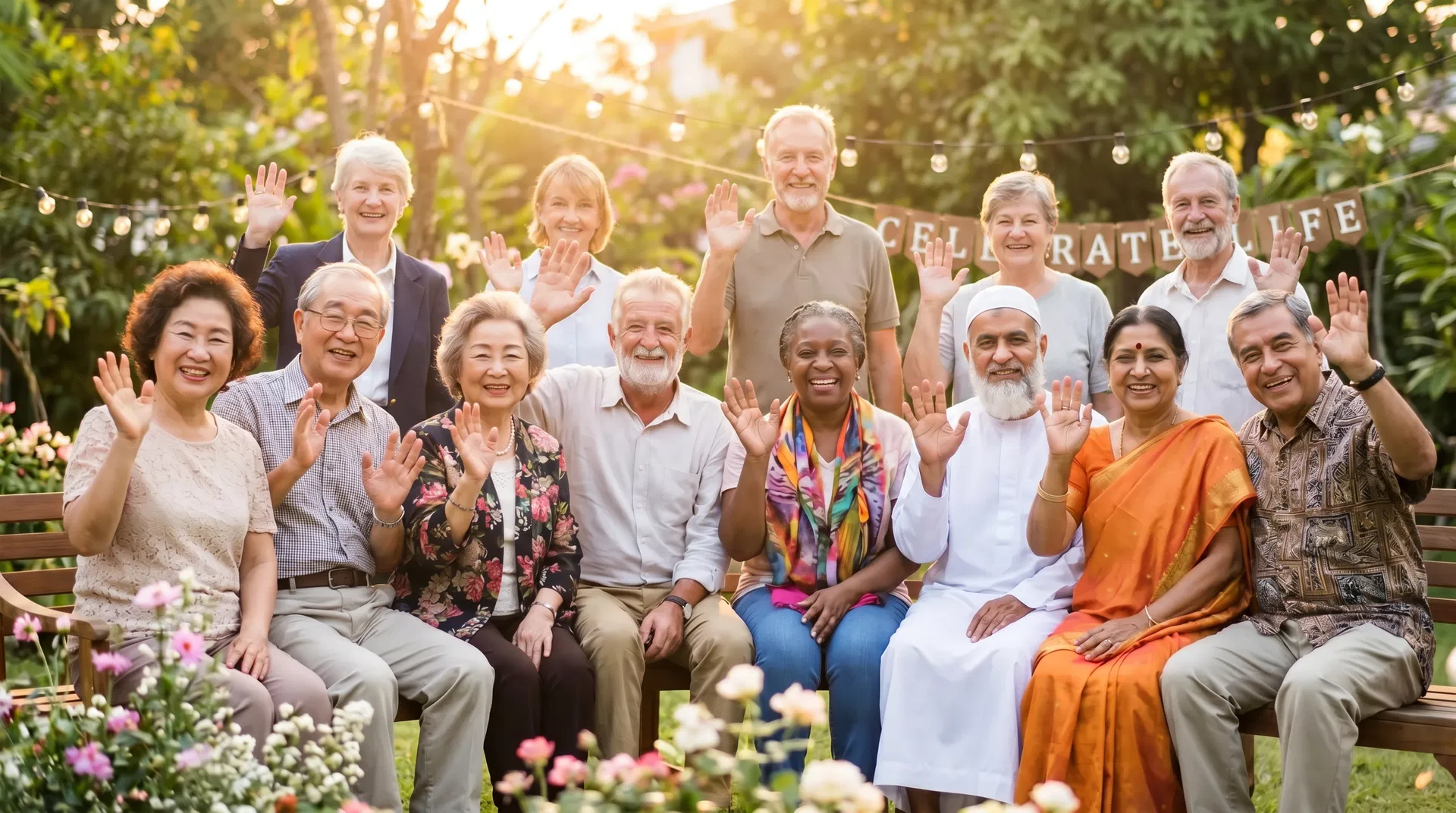 전 세계 다양한 국적의 노인들이 환하게 웃으며 손을 흔드는 모습
