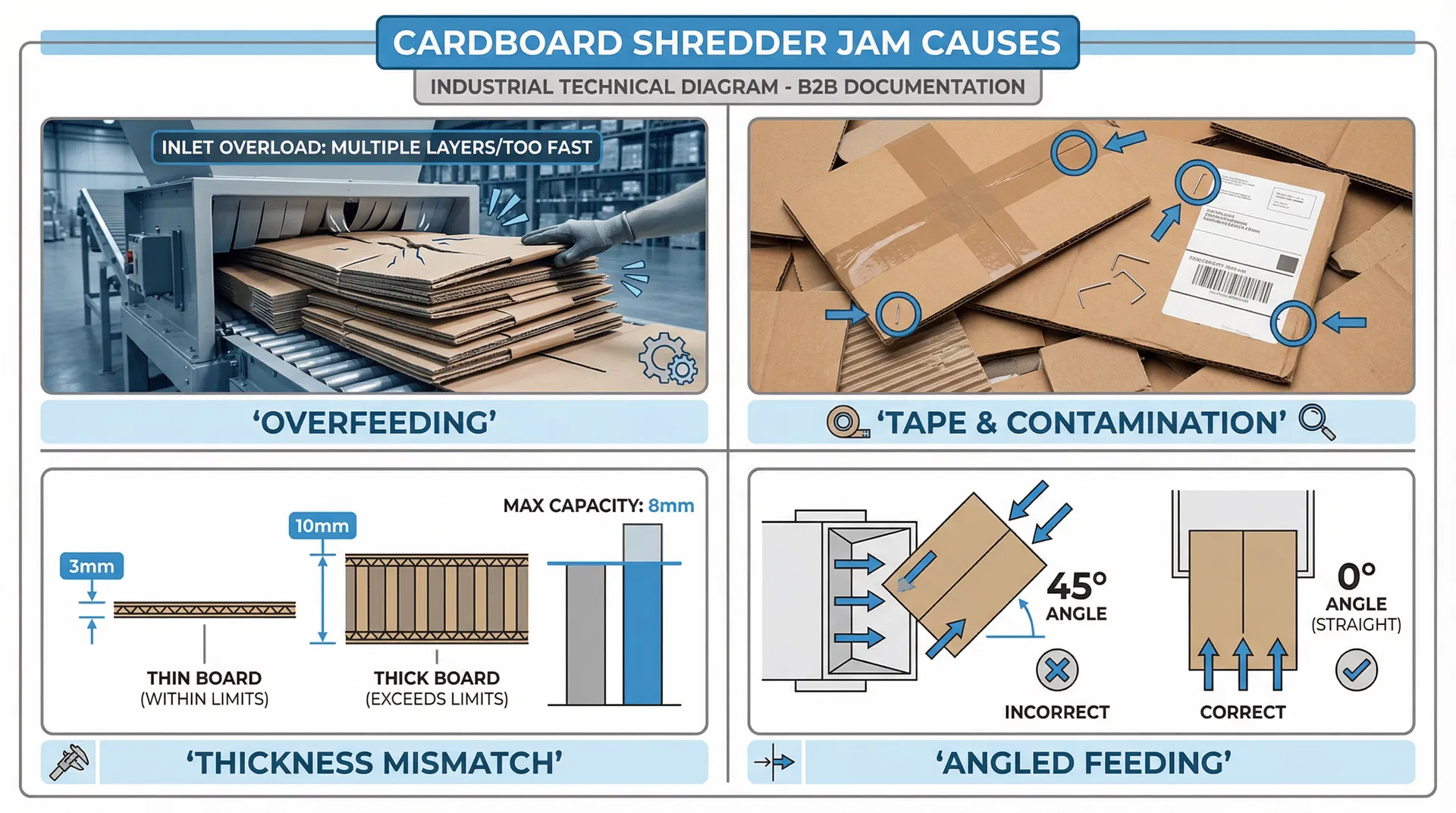 Common Cardboard Shredder Jam Causes - showing overfeeding, tape and contamination, thickness mismatch, and angled feeding as four primary jam causes