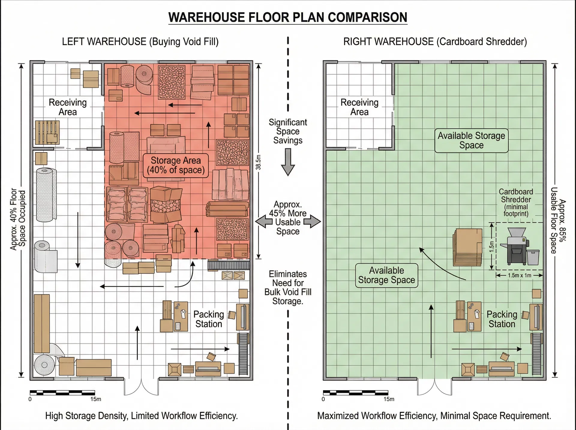 Warehouse floor plan comparison showing left side with purchased void fill occupying 40% of warehouse space with storage areas, rolls, and boxes, versus right side with cardboard shredder occupying minimal footprint (1.5m x 1m) and freeing up approximately 85% of usable space for other operations