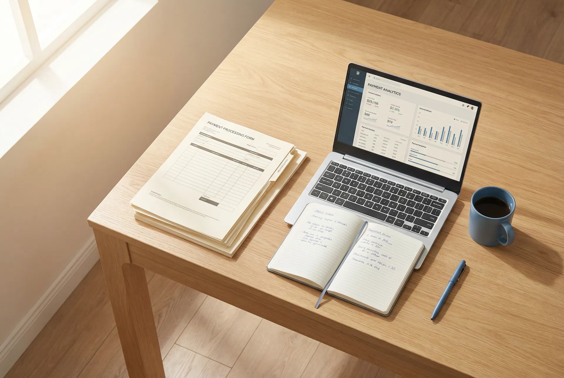 Organized workspace with payment analytics and documentation