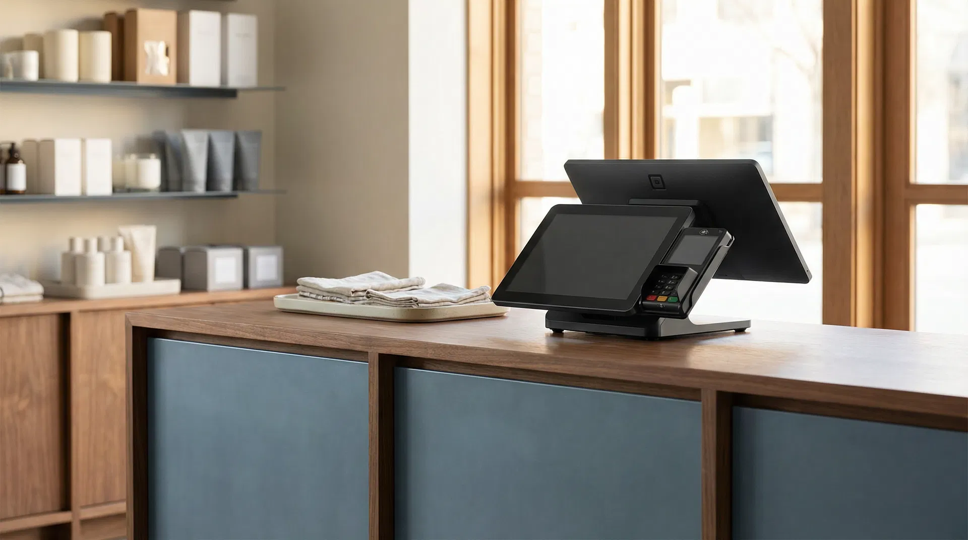 Modern point-of-sale system on a clean retail counter