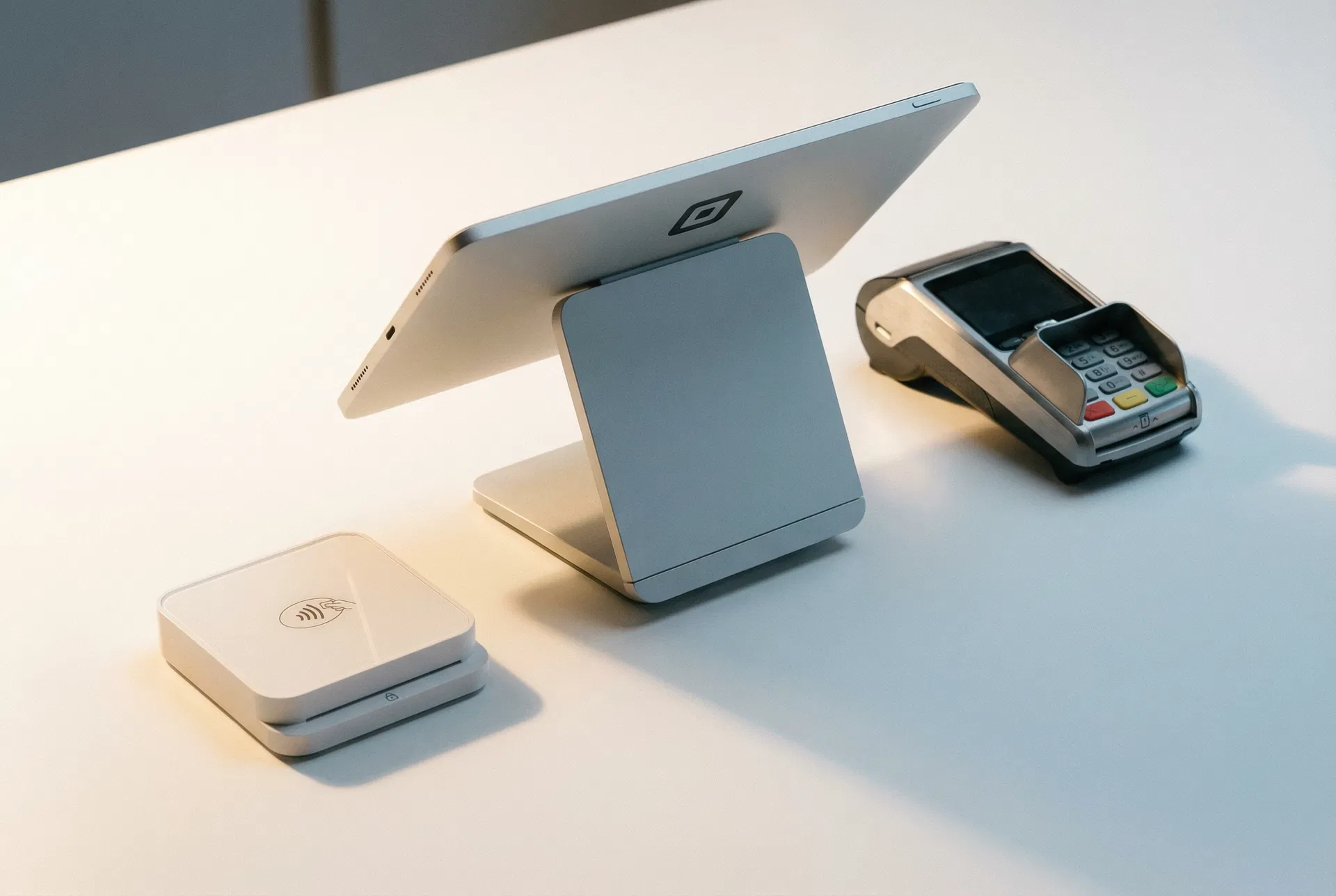 Modern payment hardware on a clean surface