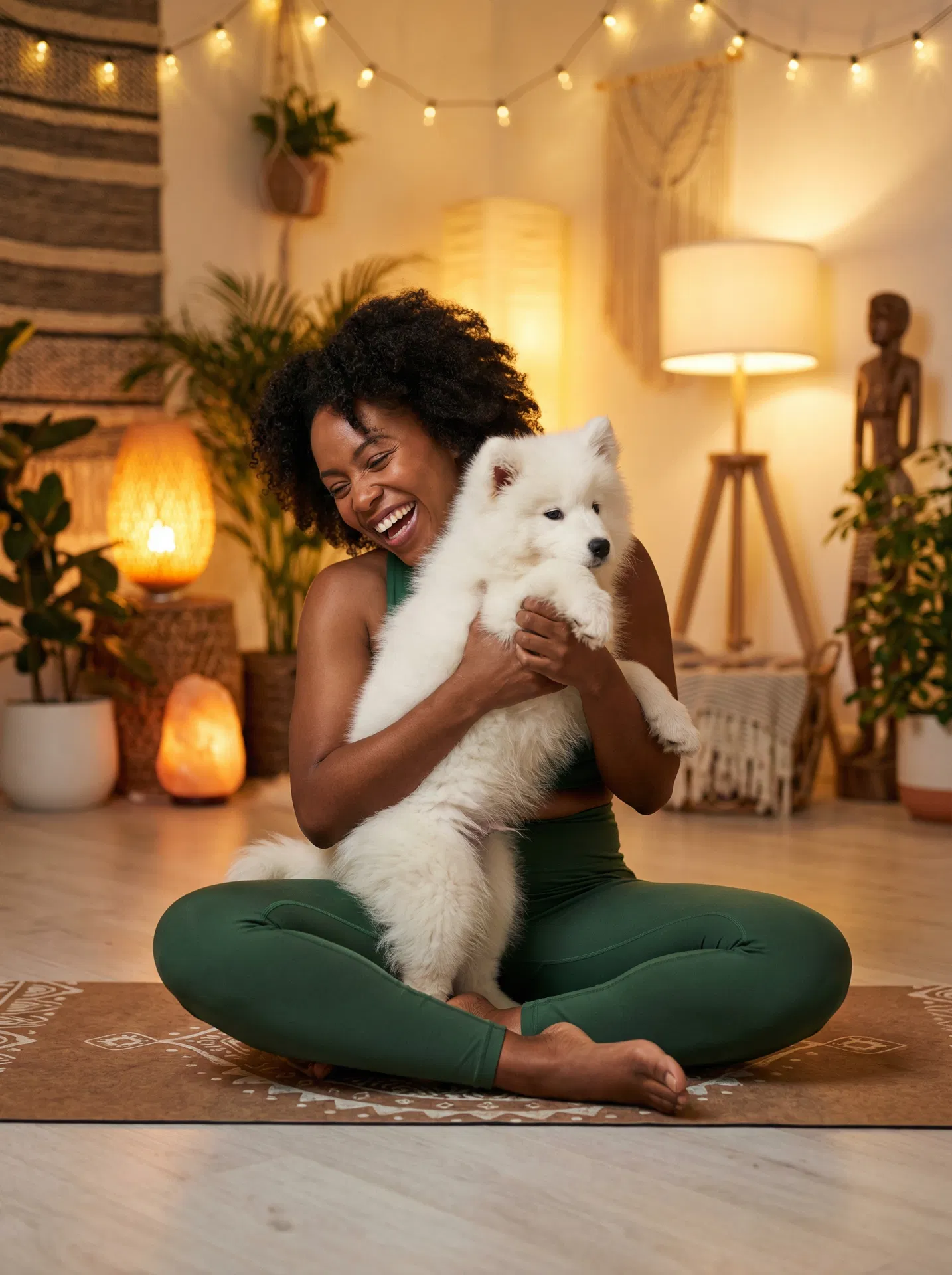 AfroPuppyYoga instructor with puppy
