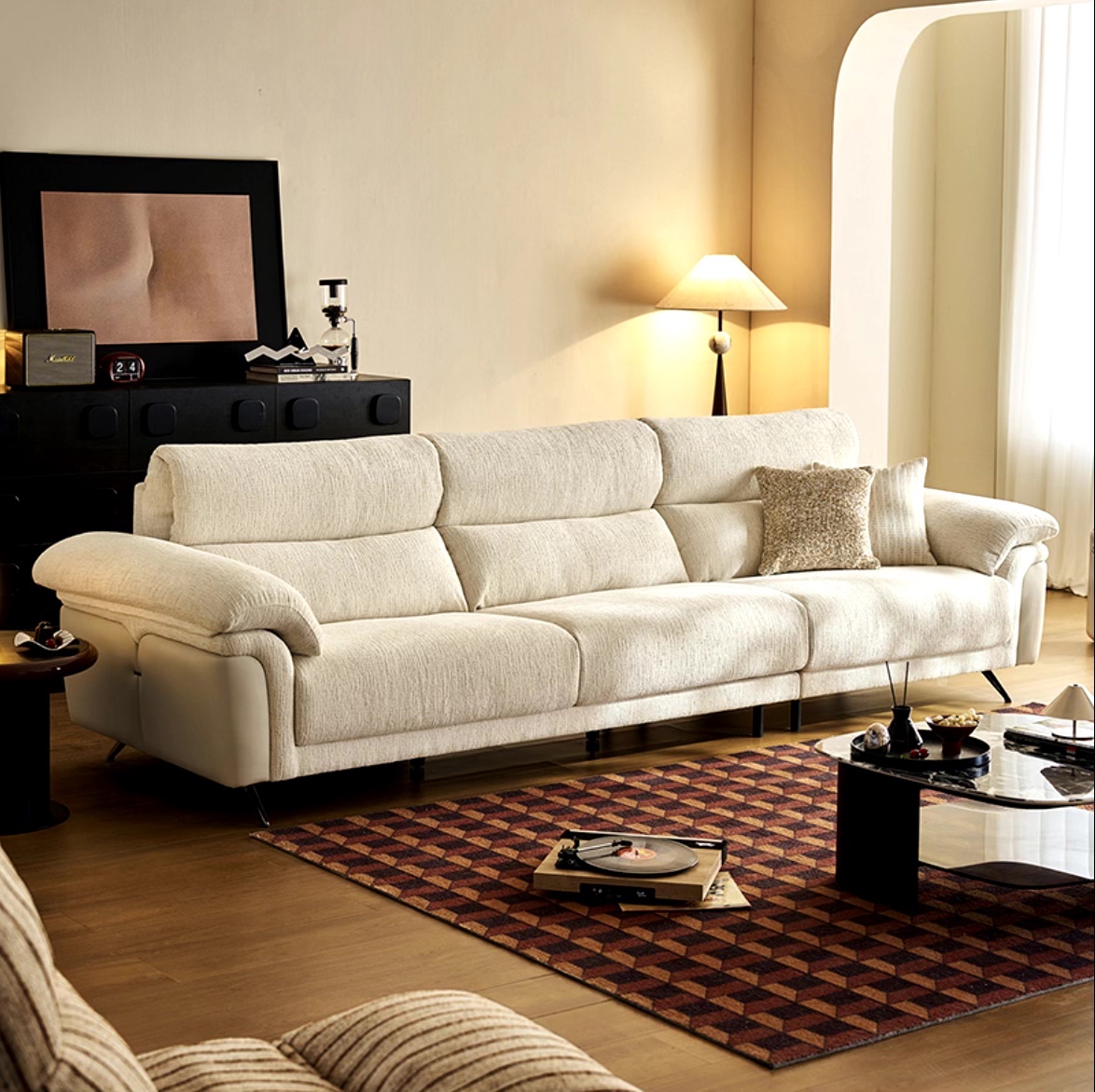 Avalon 3 Seater Fabric Sofa in Cream White with chrome tapered legs.