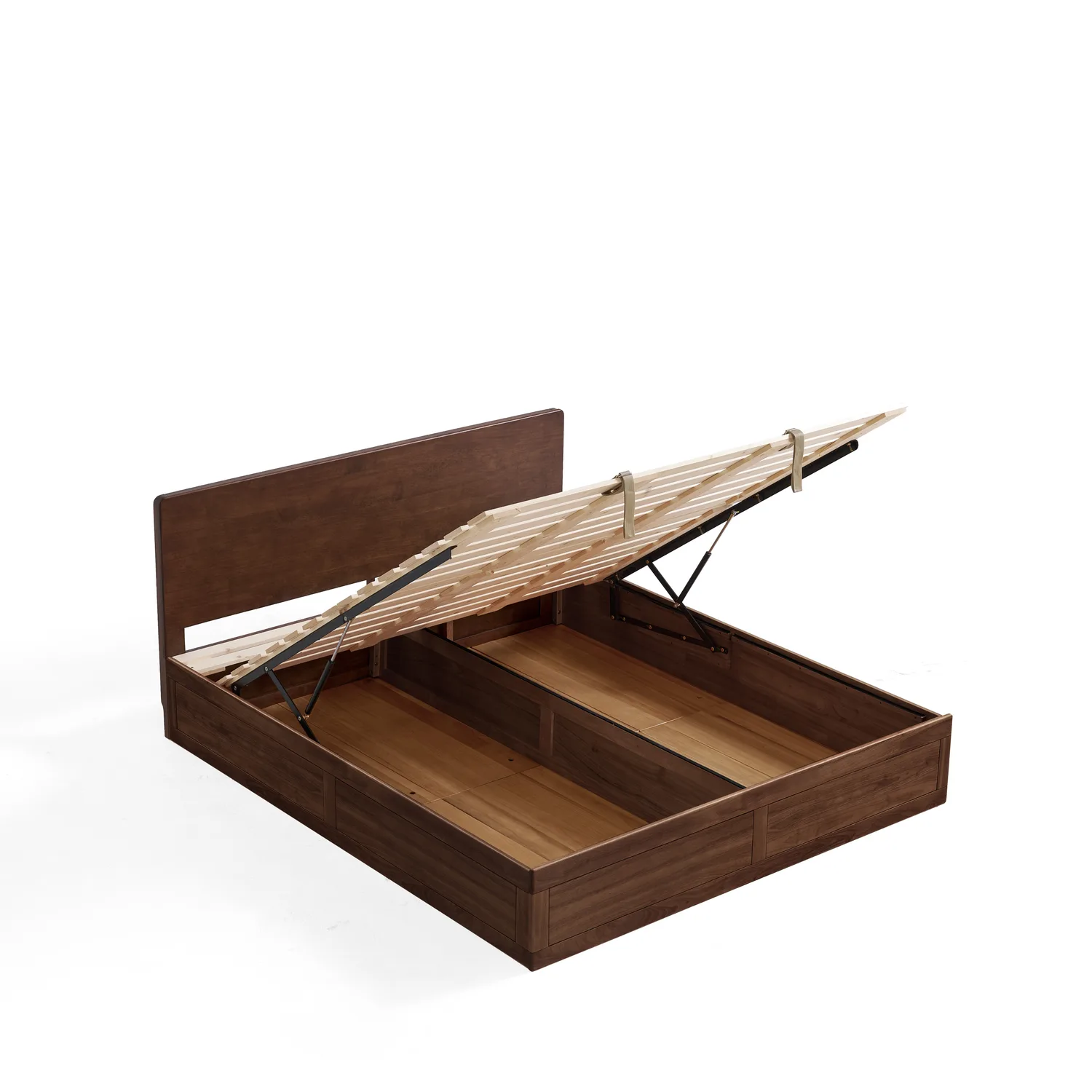 Walnut rubberwood timber bed with gas-lift frame and open slatted base showing storage cavity.