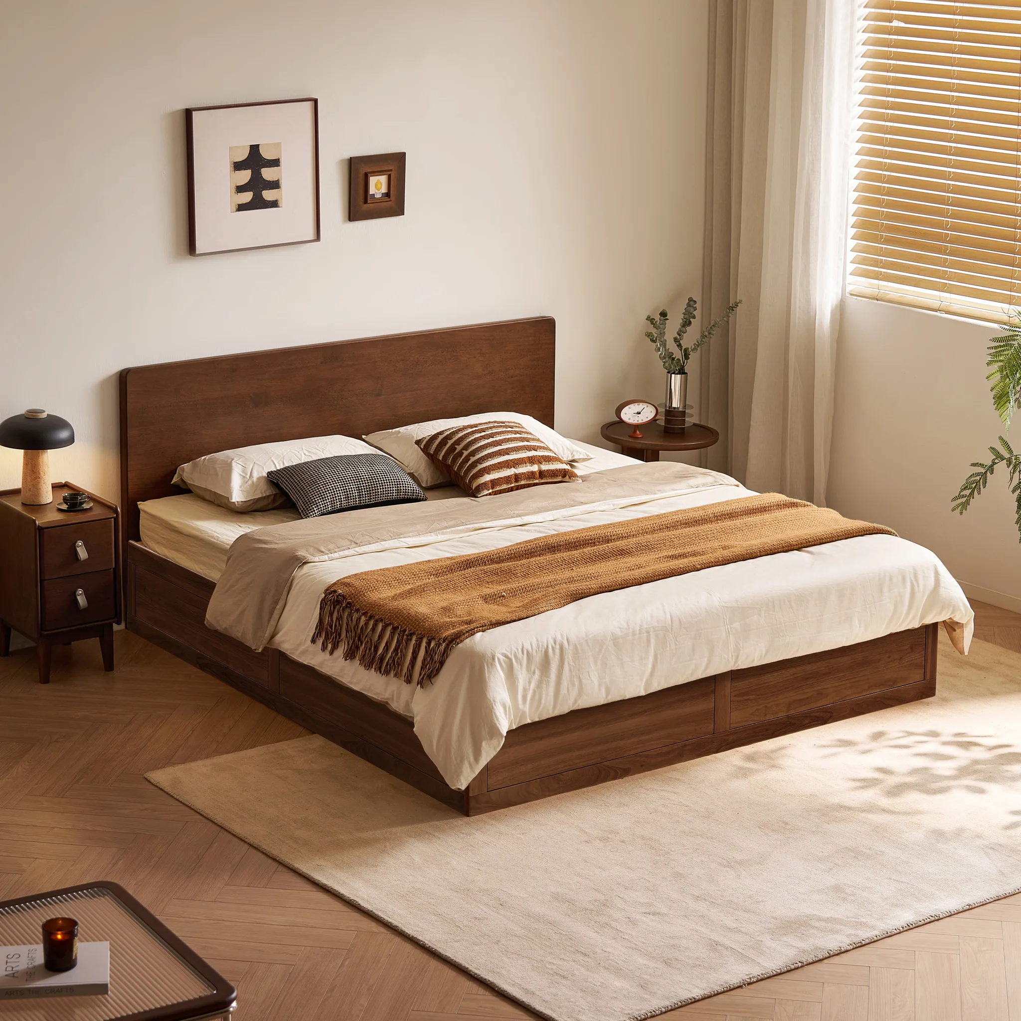 Walnut rubberwood headboard with bedside table, lamp and wall art in styled bedroom.