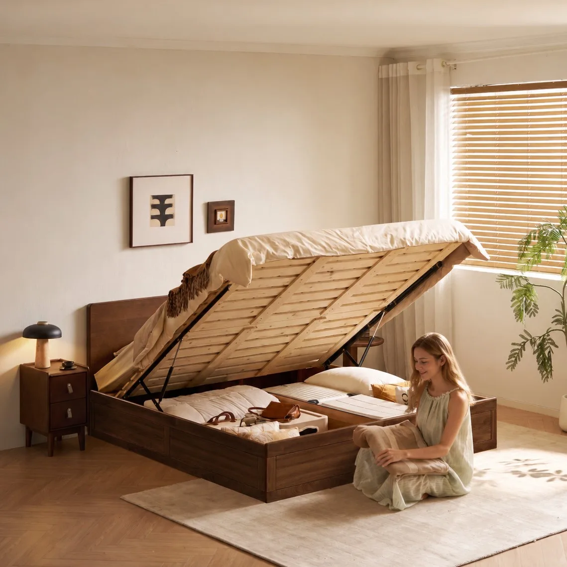 Angled view of walnut rubberwood timber bed with bedding and low-profile footboard in room.