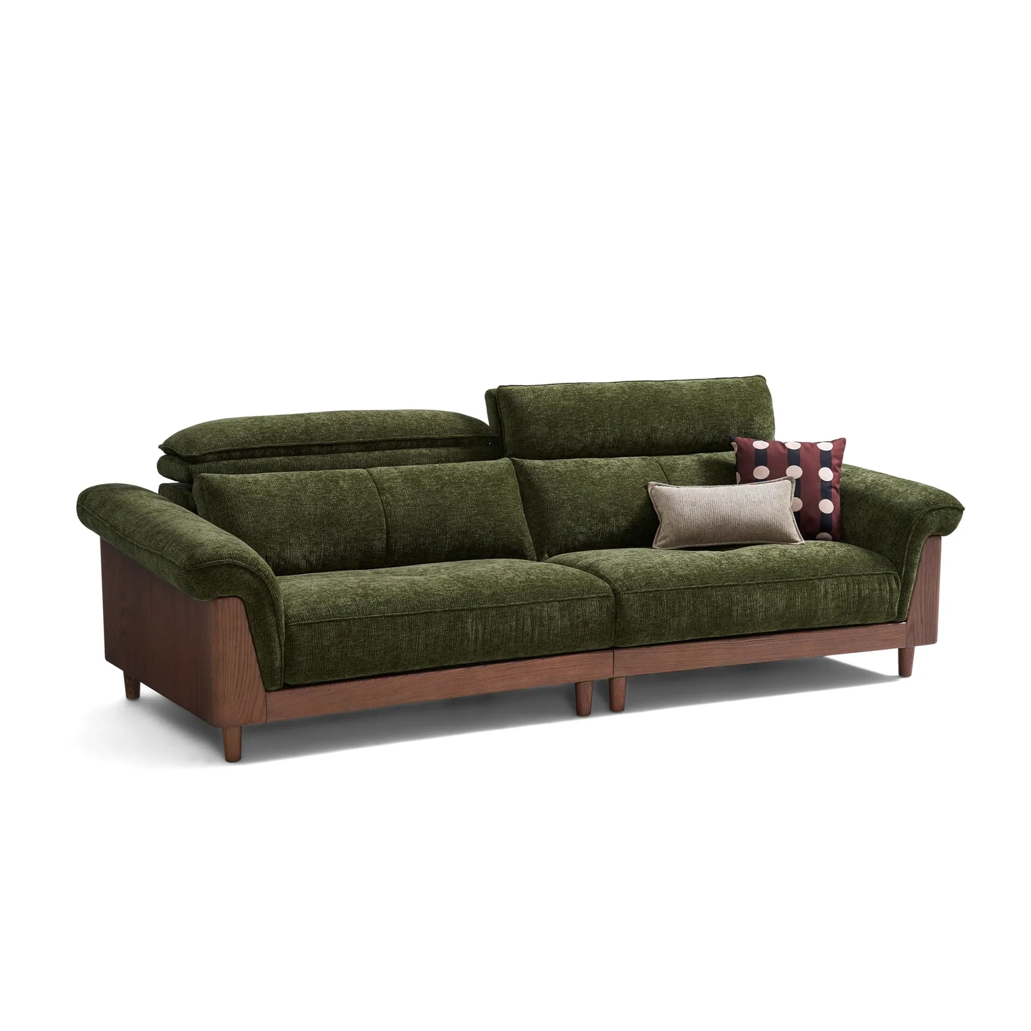 Oslo moss green chenille sofa, three-seat view with curved arm and solid wood base