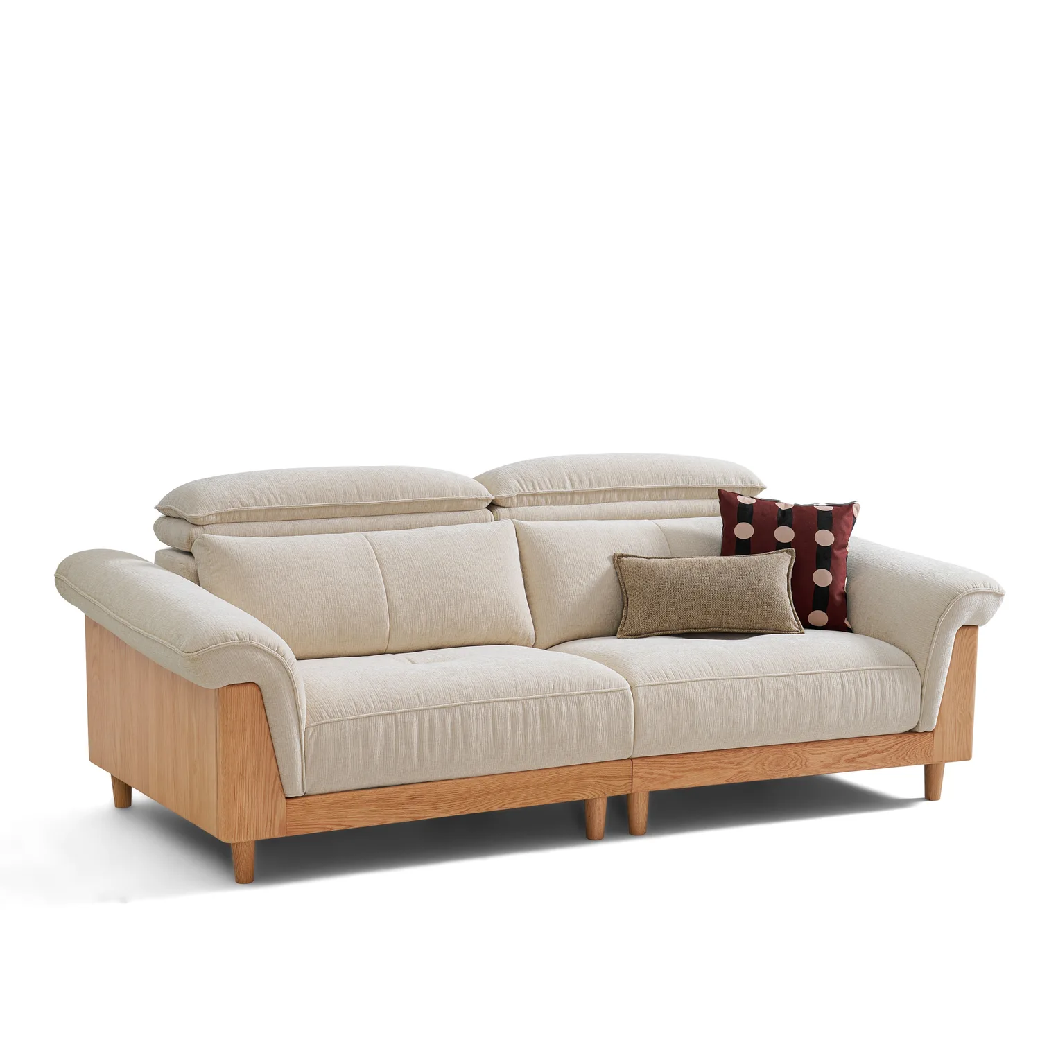 Side view of Oslo moss green chenille sofa showing rolled arm, wood base and tapered red oak legs