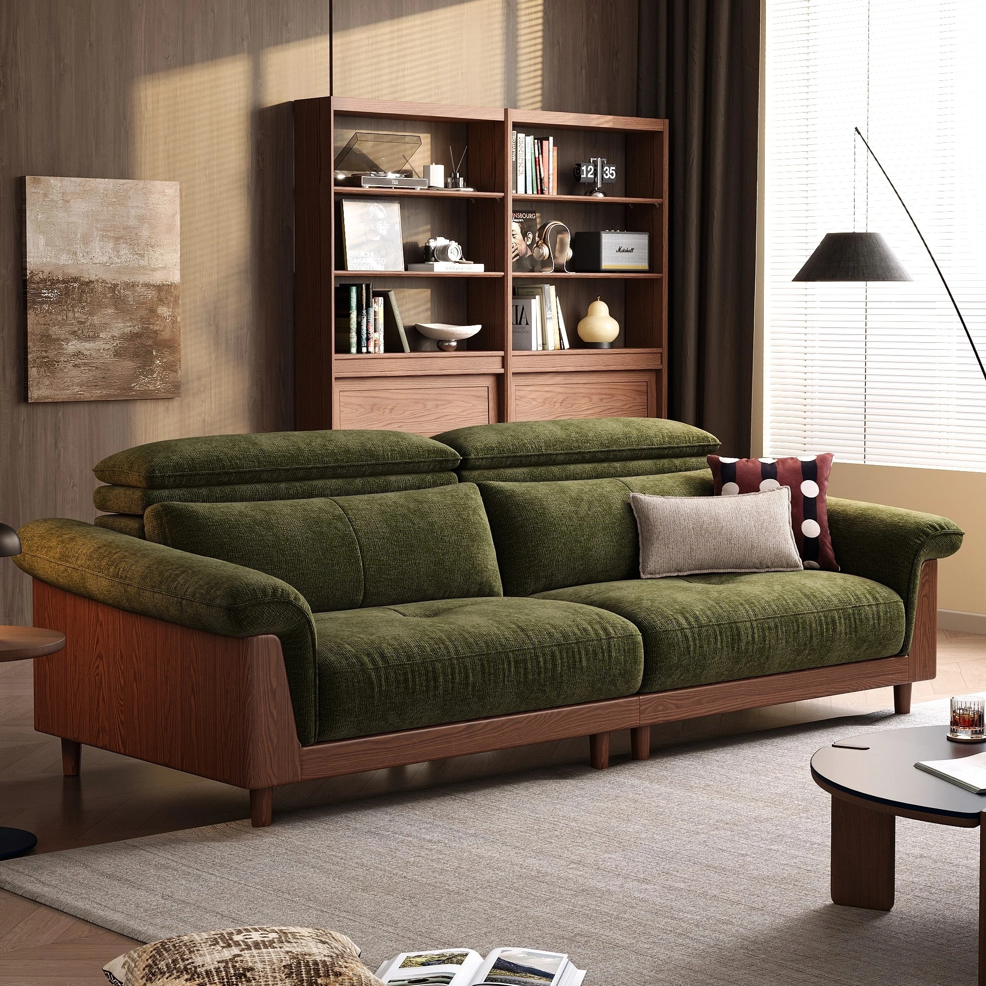Oslo sofa, Moss Green chenille upholstery, red oak legs and wooden frame, room close-up
