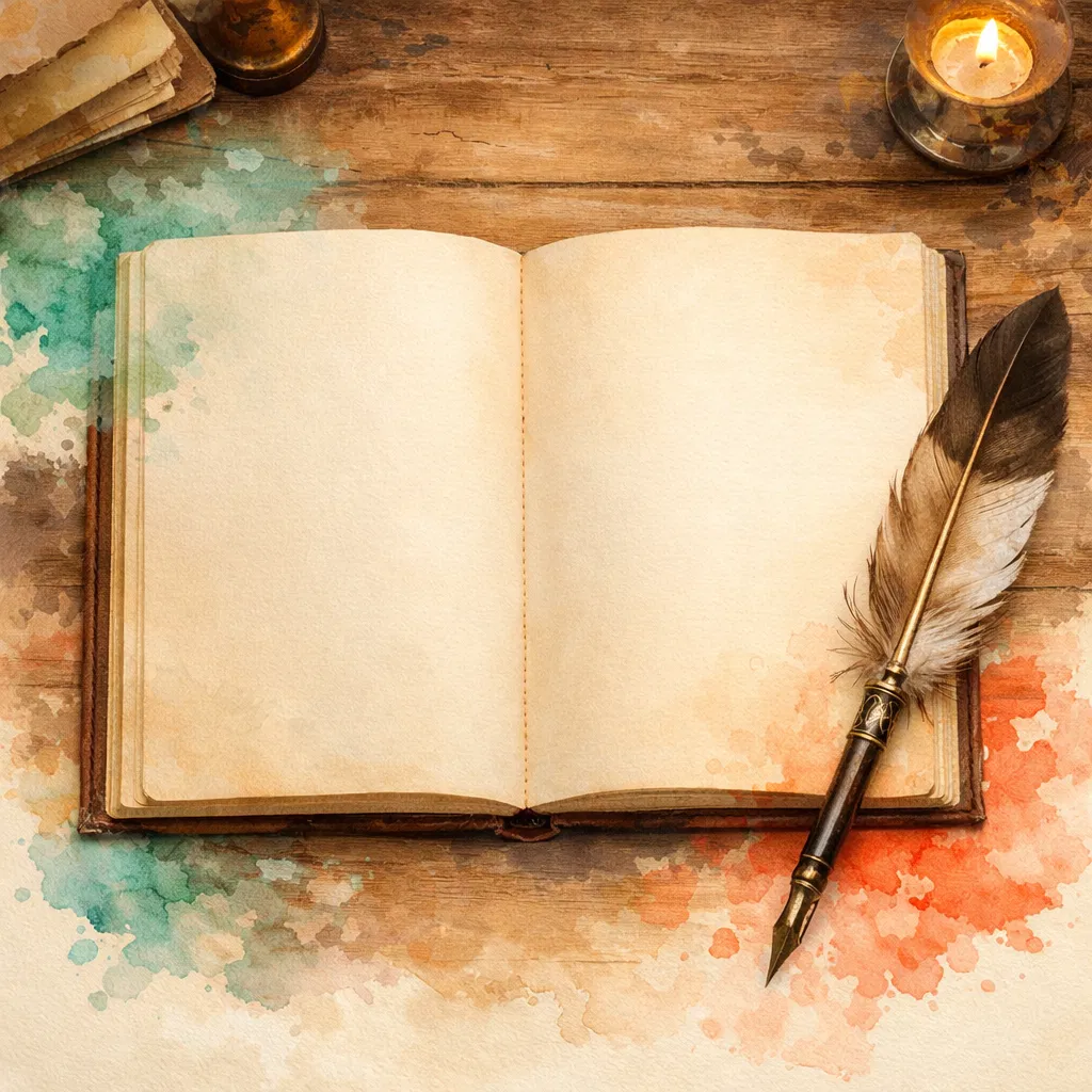 An open journal with a feather quill