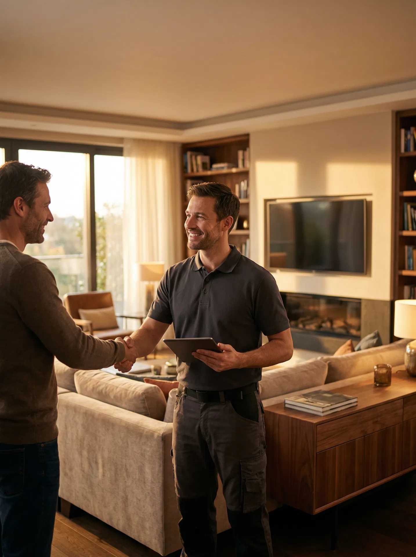 Technician and homeowner shaking hands during home consultation