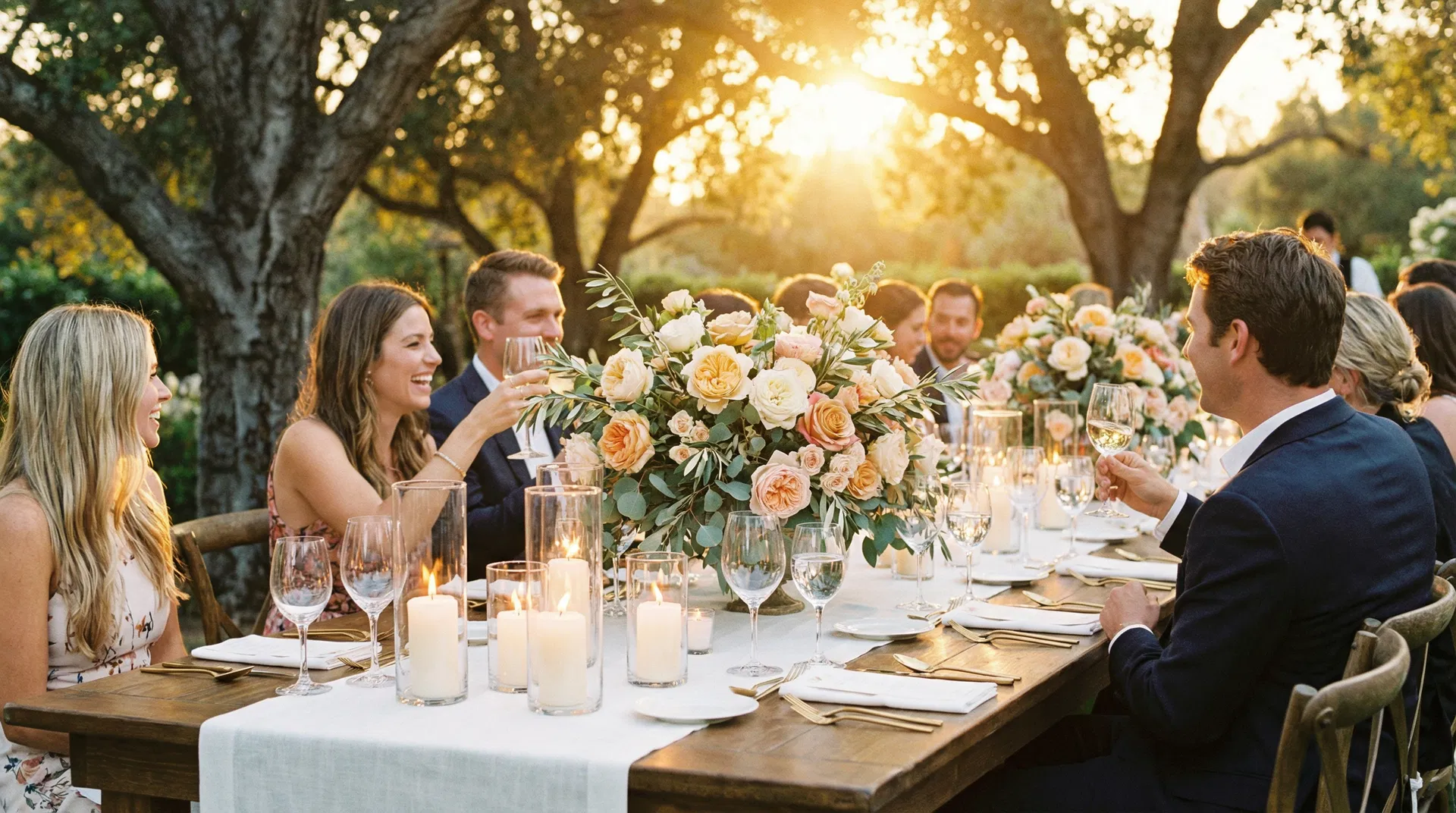 Outdoor dinner party at golden hour in Santa Barbara