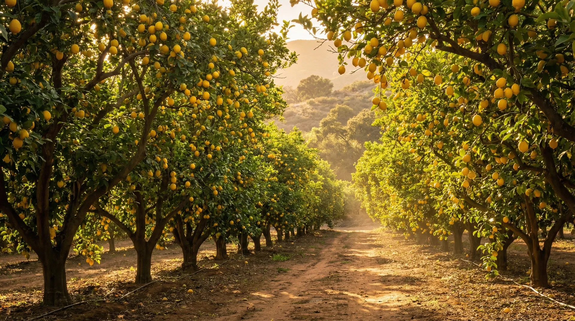 Lemon grove rows on the Montecito estate grounds, California hills in background