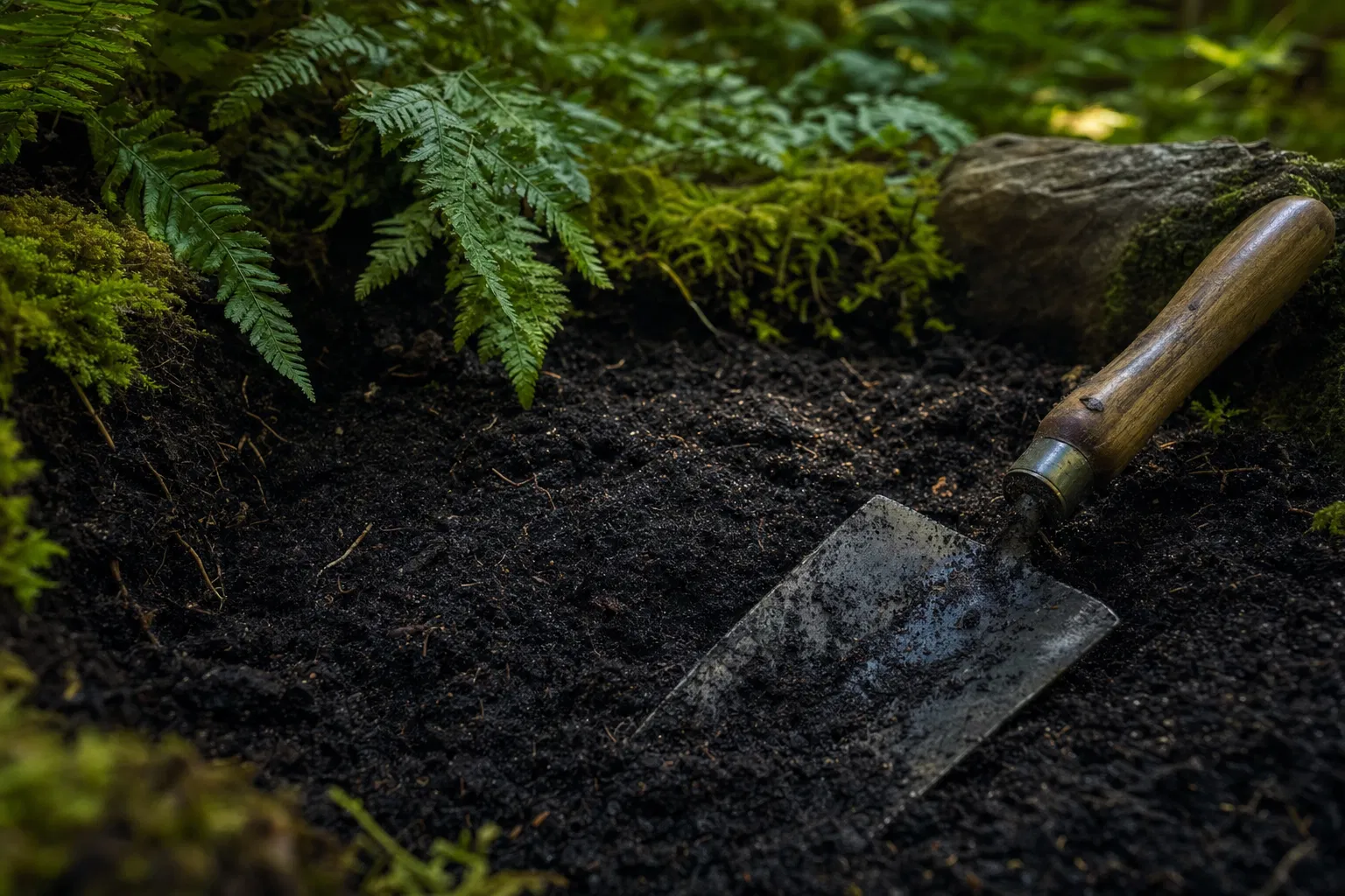 Deep black forest soil — dense with humic acids, beneficial microorganisms, and centuries of organic matter.