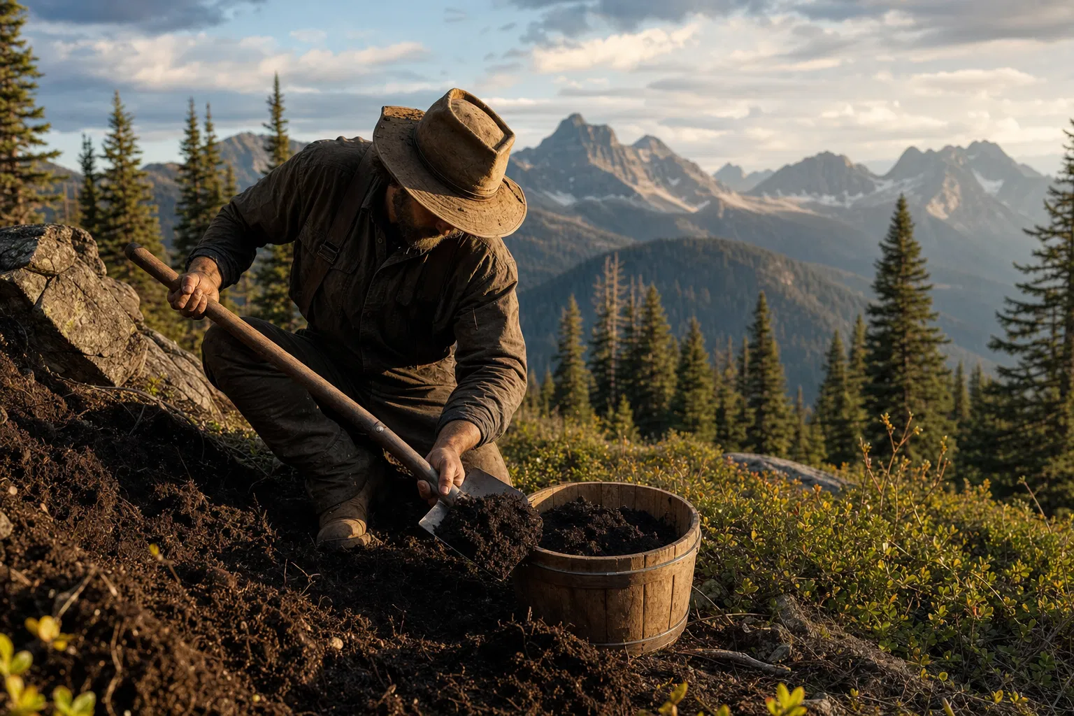 Man digging soil in wilderness