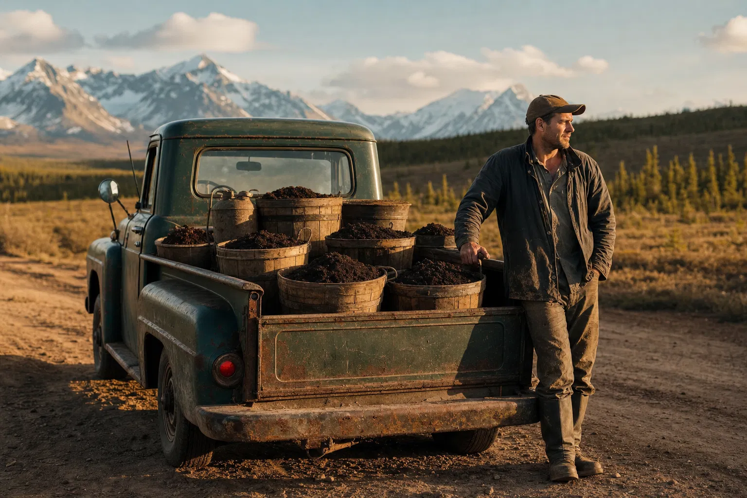 Wooden buckets of soil in truck bed, Montana mountains