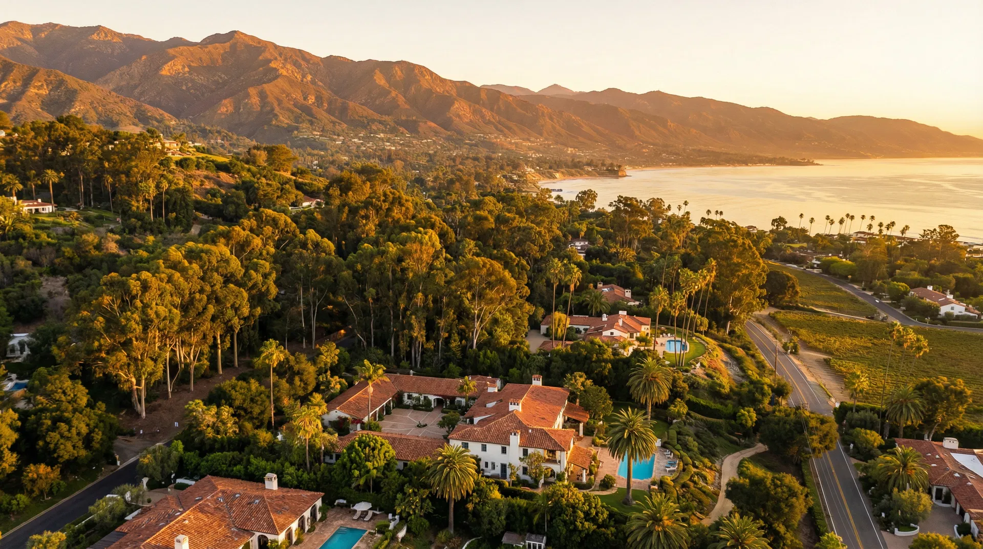 Aerial view of Montecito, California at golden hour
